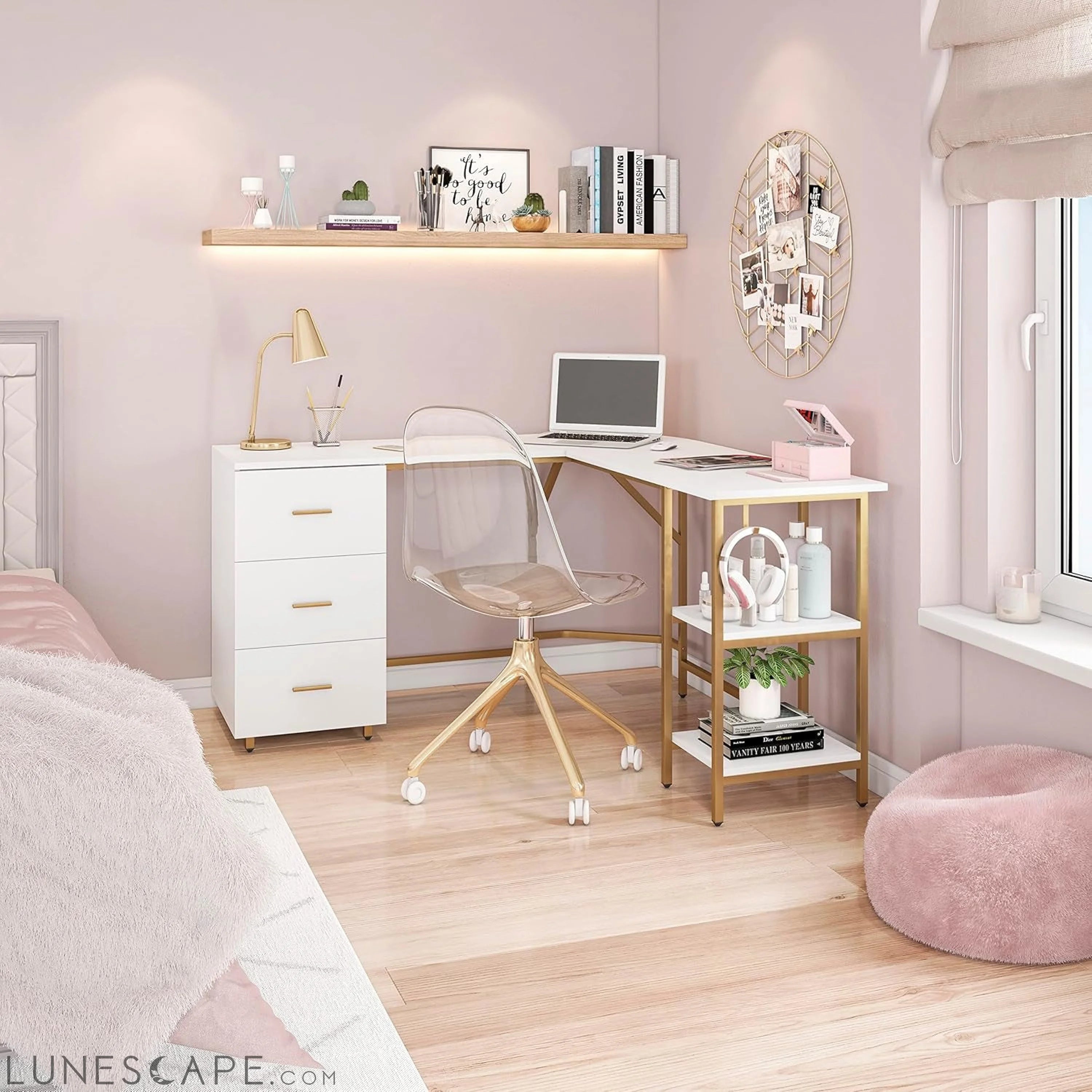 L Shaped Desk - Two-Toned Computer Desk with Drawers & Storage Shelves LUNESCAPE