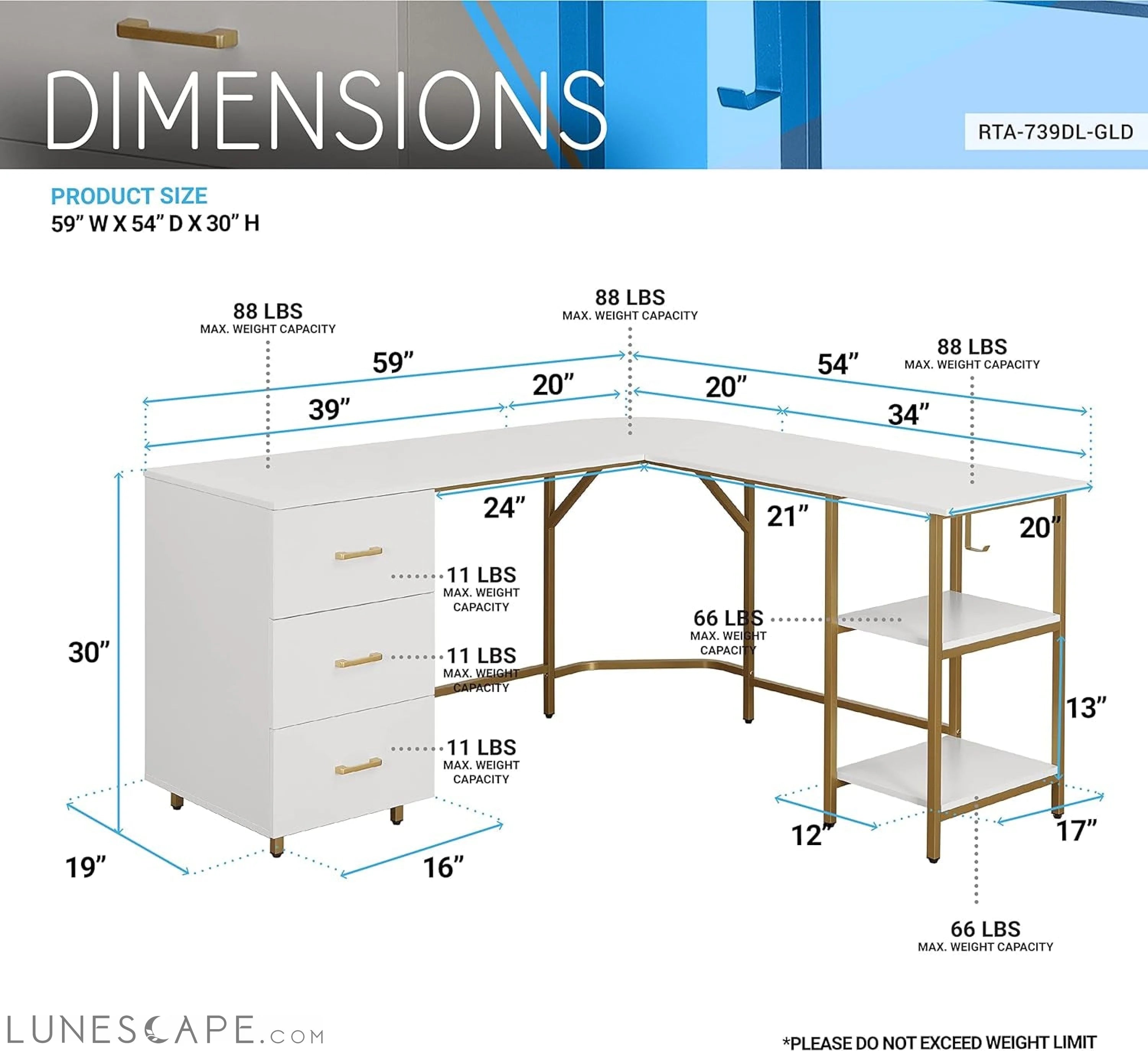 L Shaped Desk - Two-Toned Computer Desk with Drawers & Storage Shelves LUNESCAPE