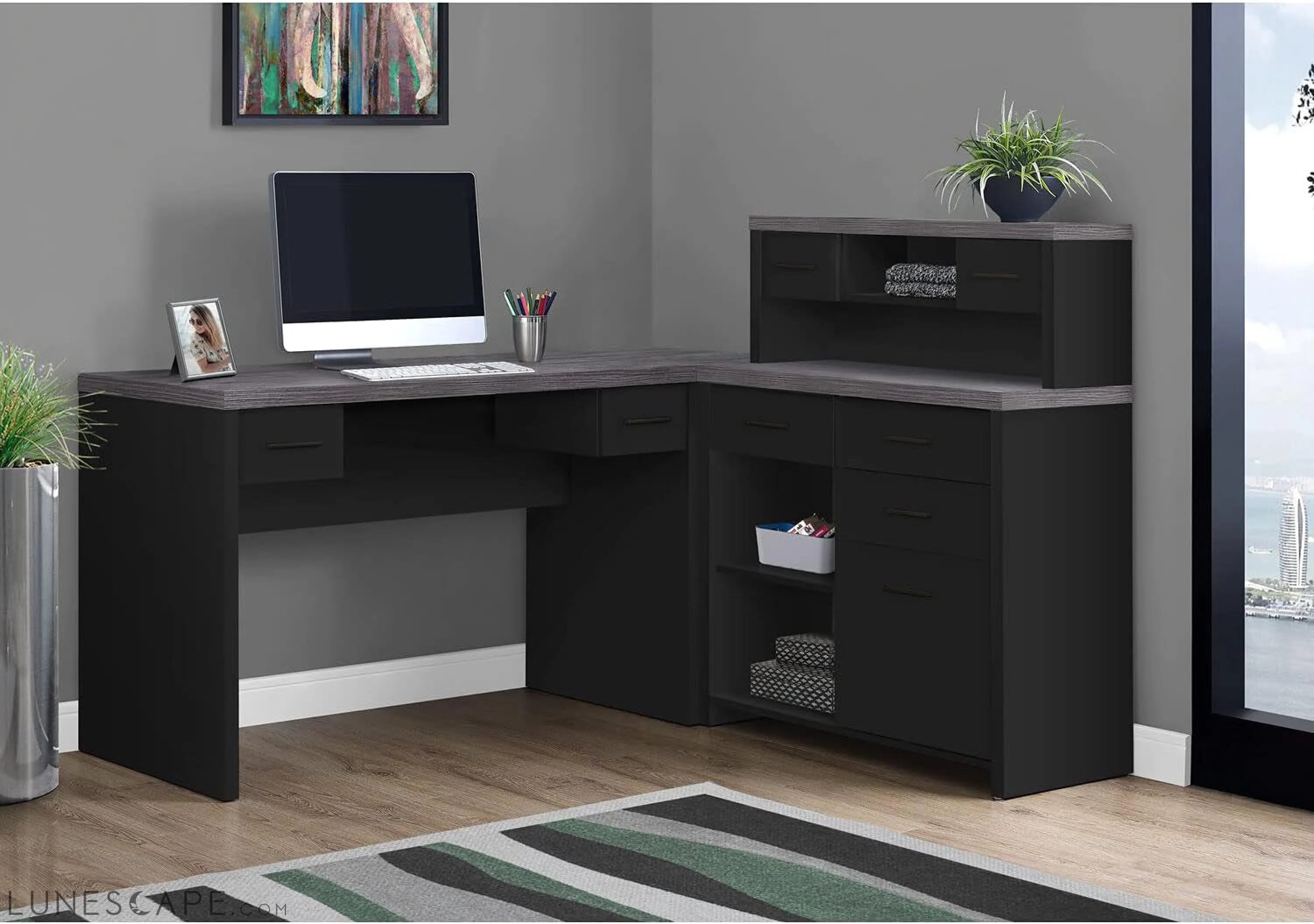 L-Shaped Desk with Hutch and Set-Up Option, Black LUNESCAPE