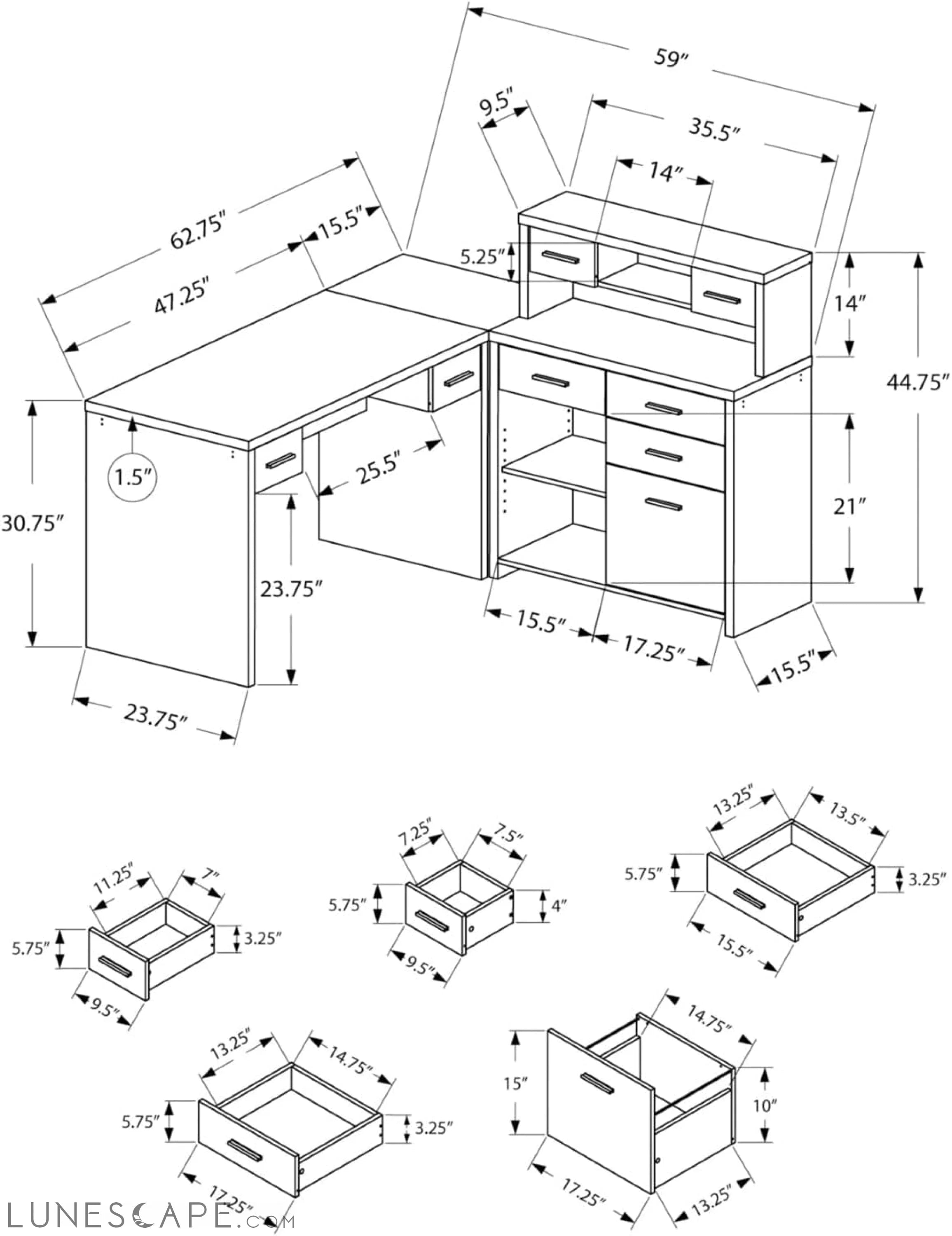 L-Shaped Desk with Hutch and Set-Up Option, Black LUNESCAPE