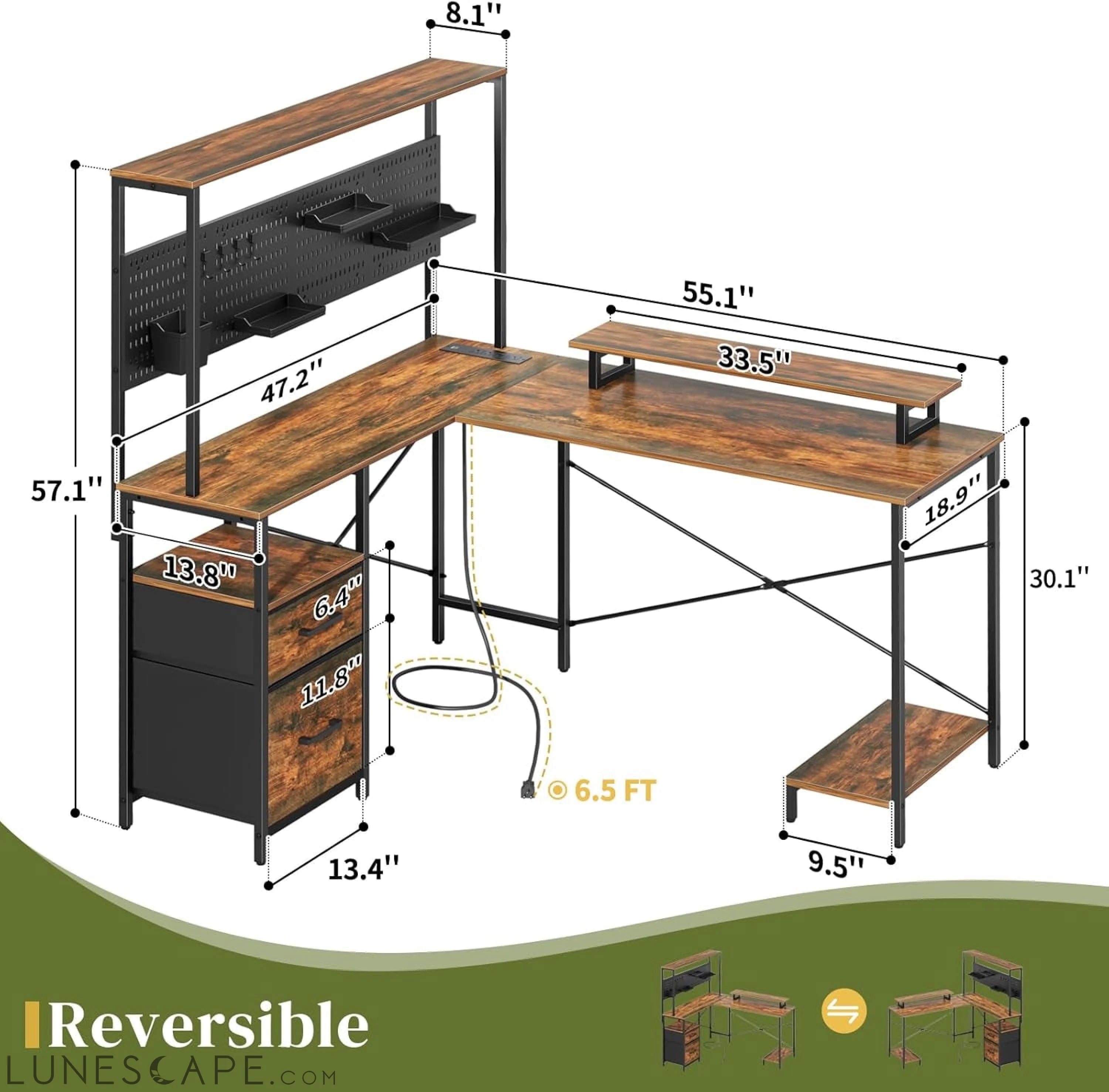 L Shaped Desk with Pegboard, Reversible Computer Desk with Drawers & LUNESCAPE