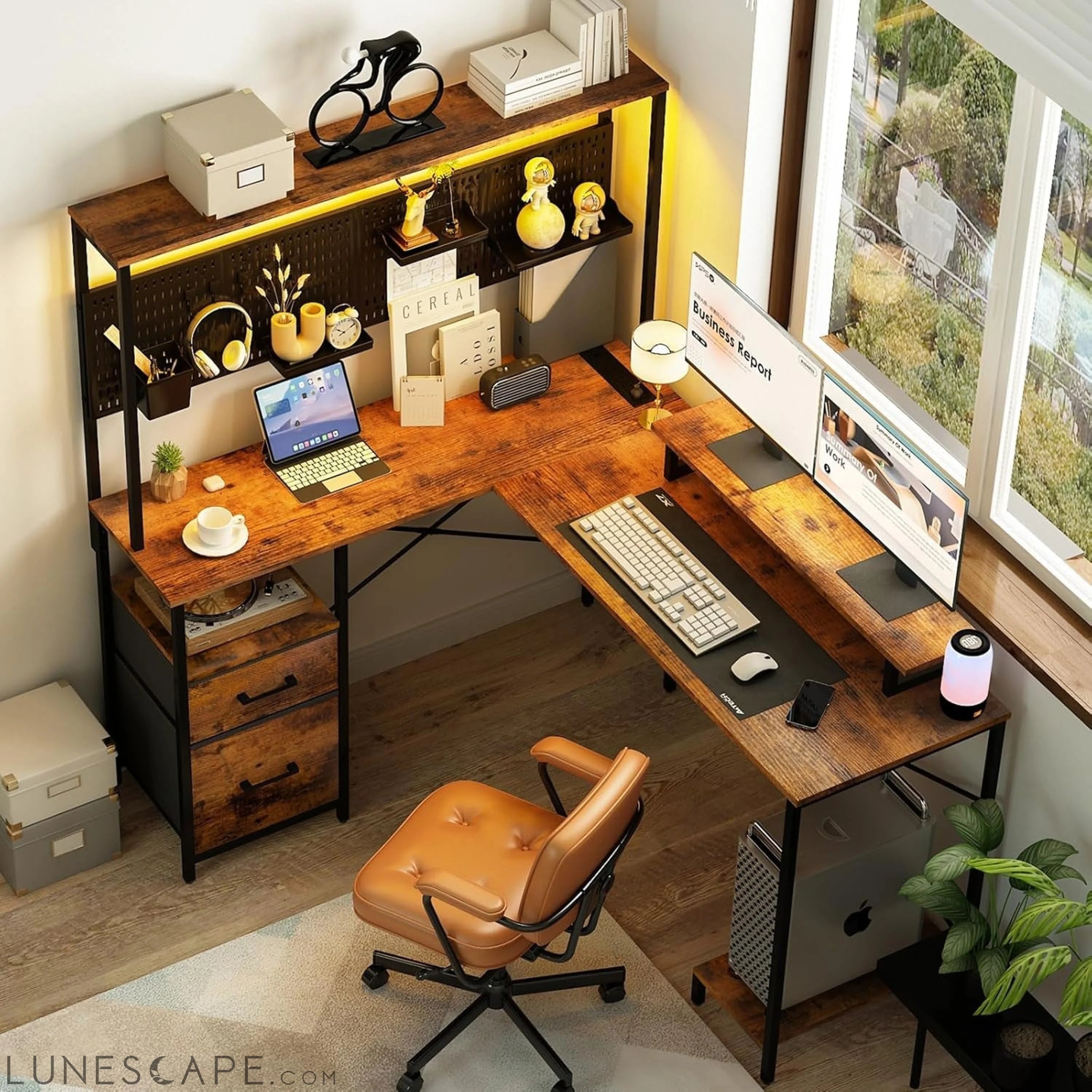 L Shaped Desk with Pegboard, Reversible Computer Desk with Drawers & LUNESCAPE