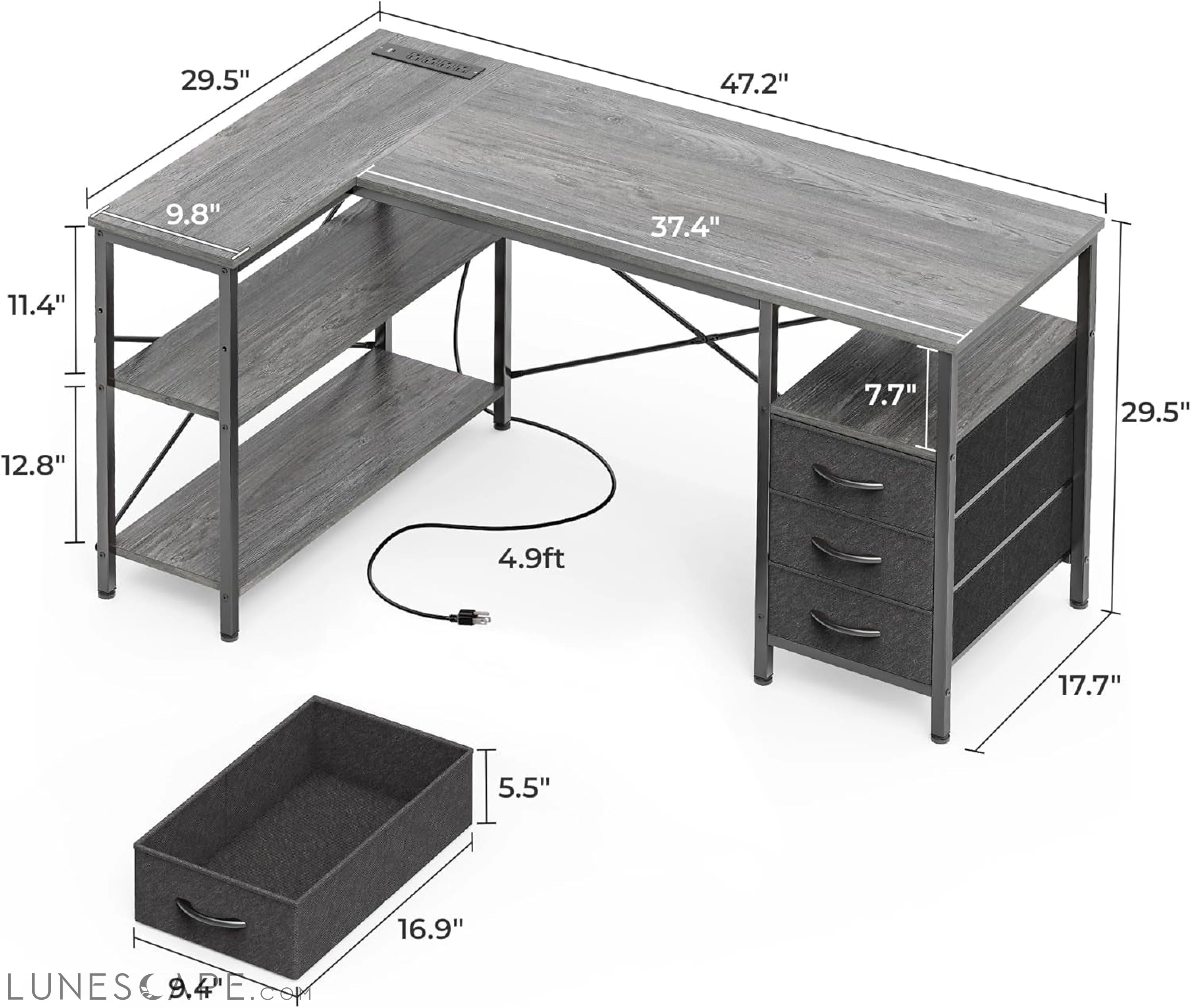 L Shaped Desk with Power Outlets, Computer Desk with 3 Drawers, 47 LUNESCAPE