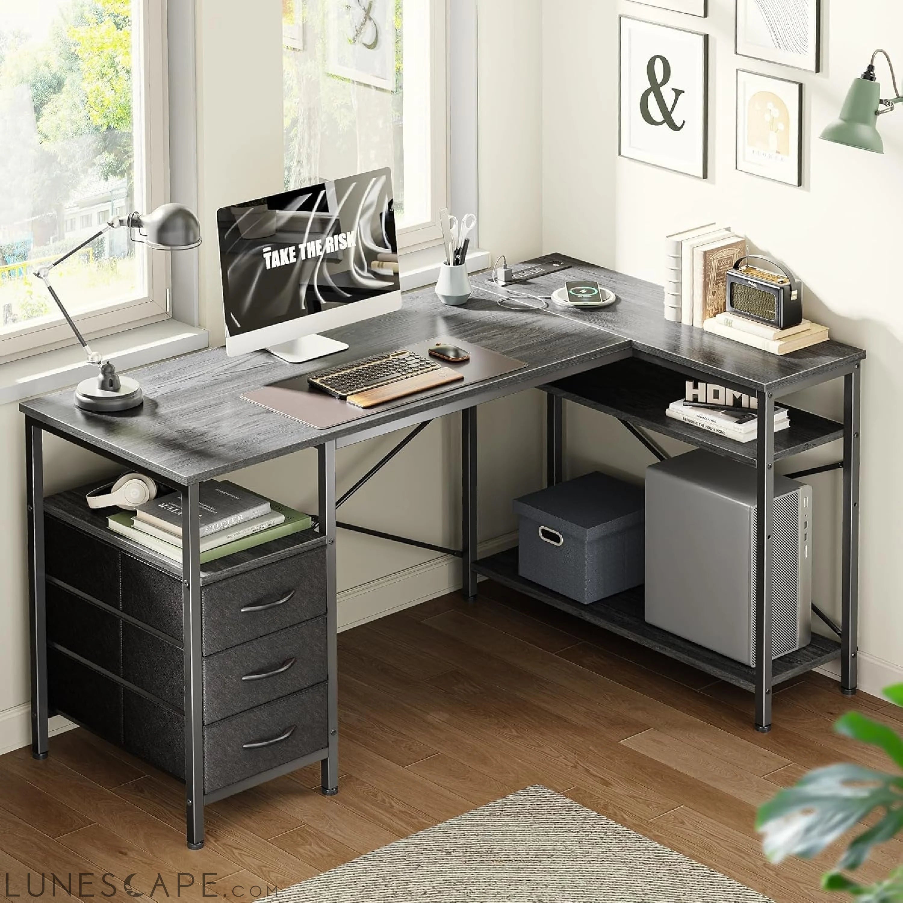 L Shaped Desk with Power Outlets, Computer Desk with 3 Drawers, 47 LUNESCAPE