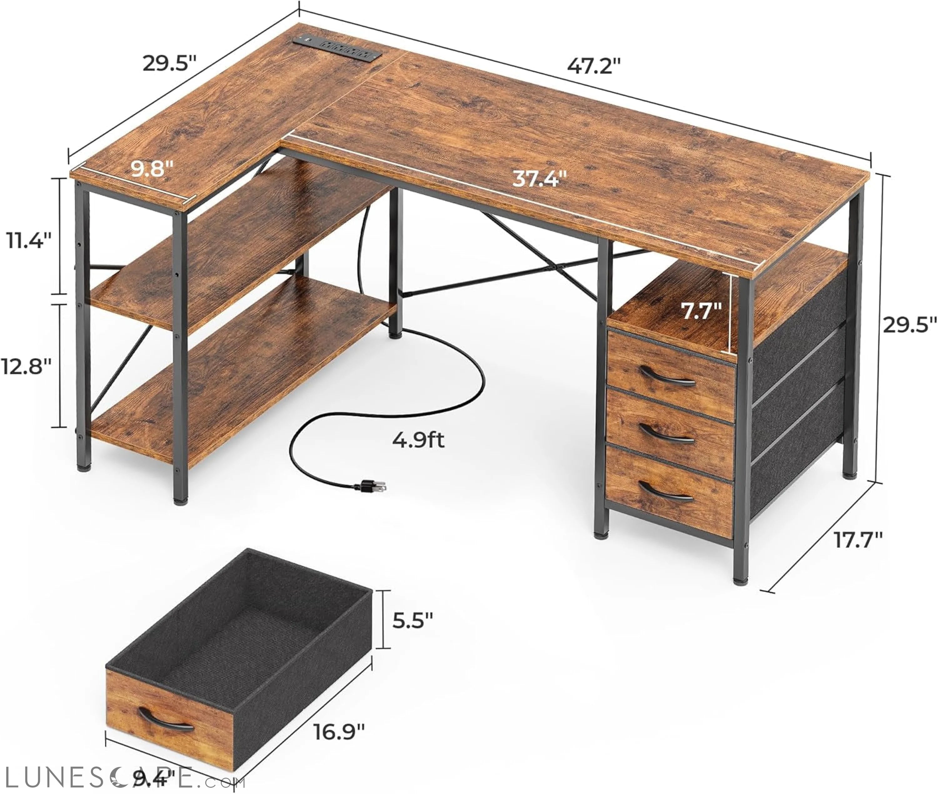 L Shaped Desk with Power Outlets, Computer Desk with 3 Drawers, 47 LUNESCAPE