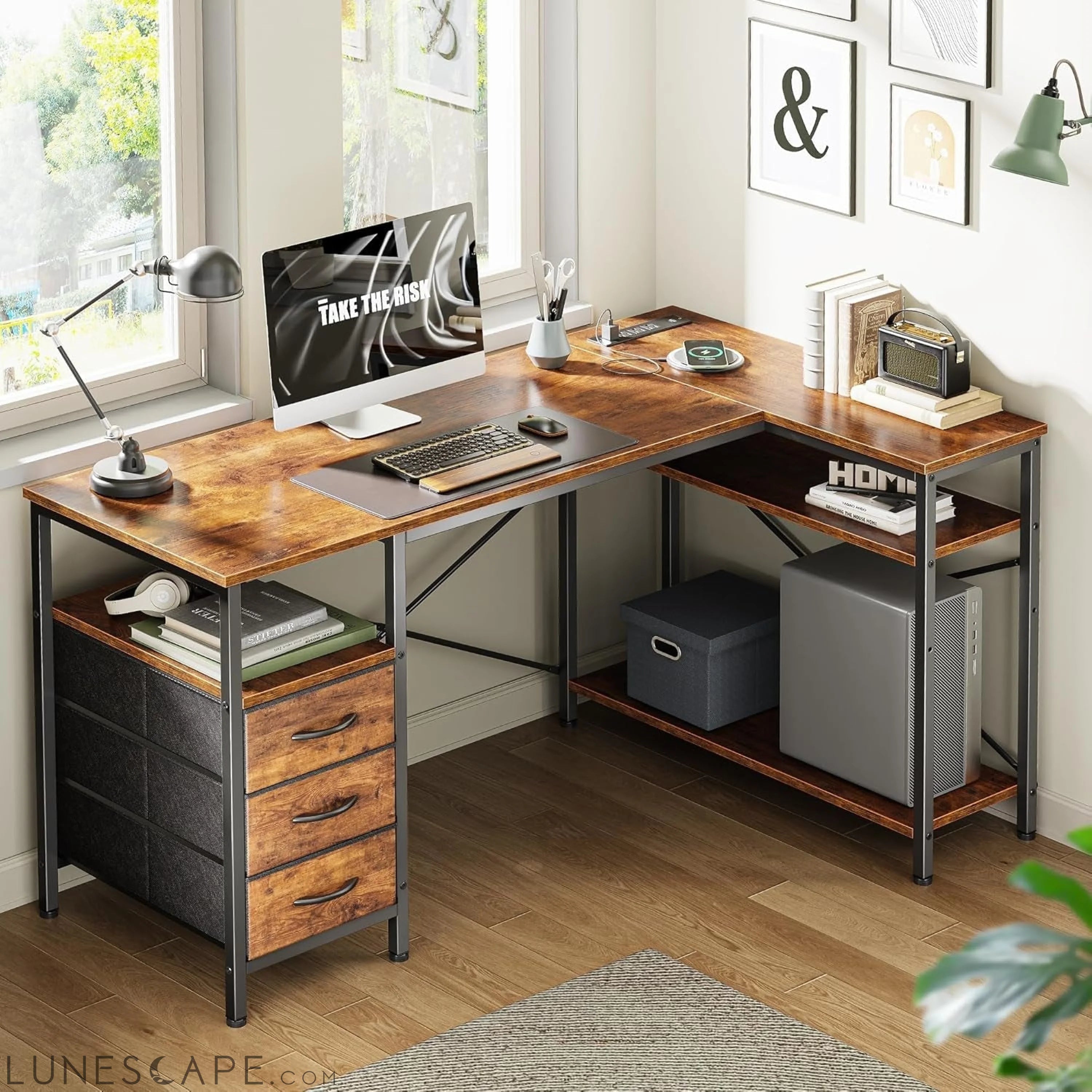 L Shaped Desk with Power Outlets, Computer Desk with 3 Drawers, 47 LUNESCAPE