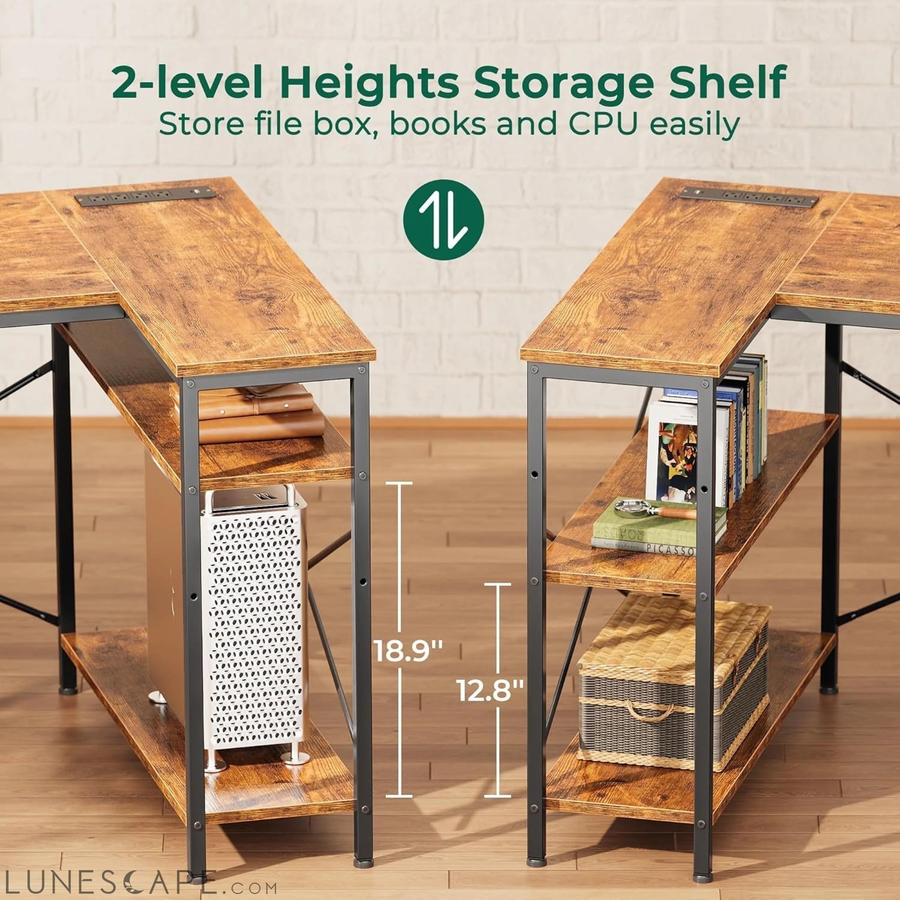 L Shaped Desk with Power Outlets, Computer Desk with 3 Drawers, 47 LUNESCAPE