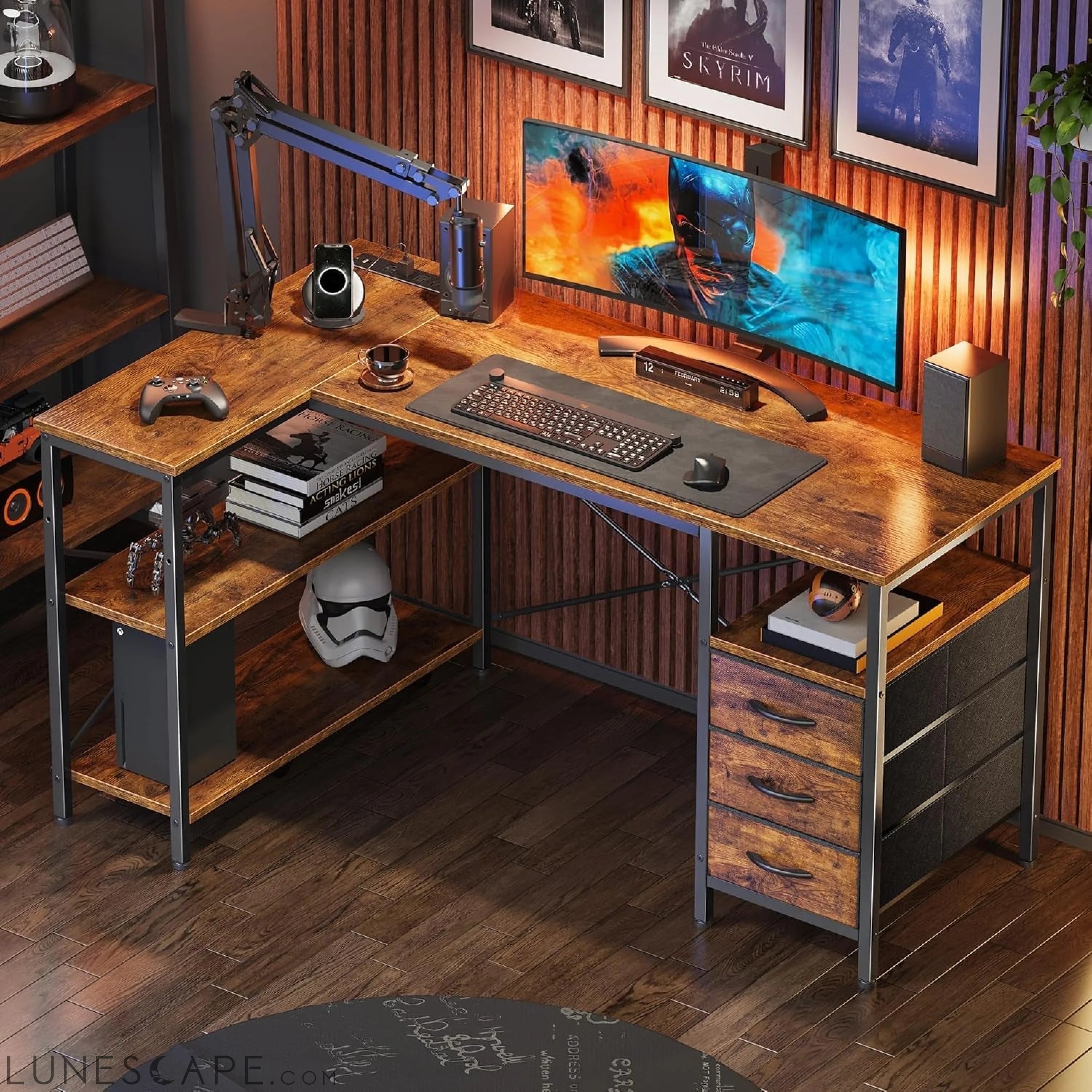 L Shaped Desk with Power Outlets, Computer Desk with 3 Drawers, 47 LUNESCAPE