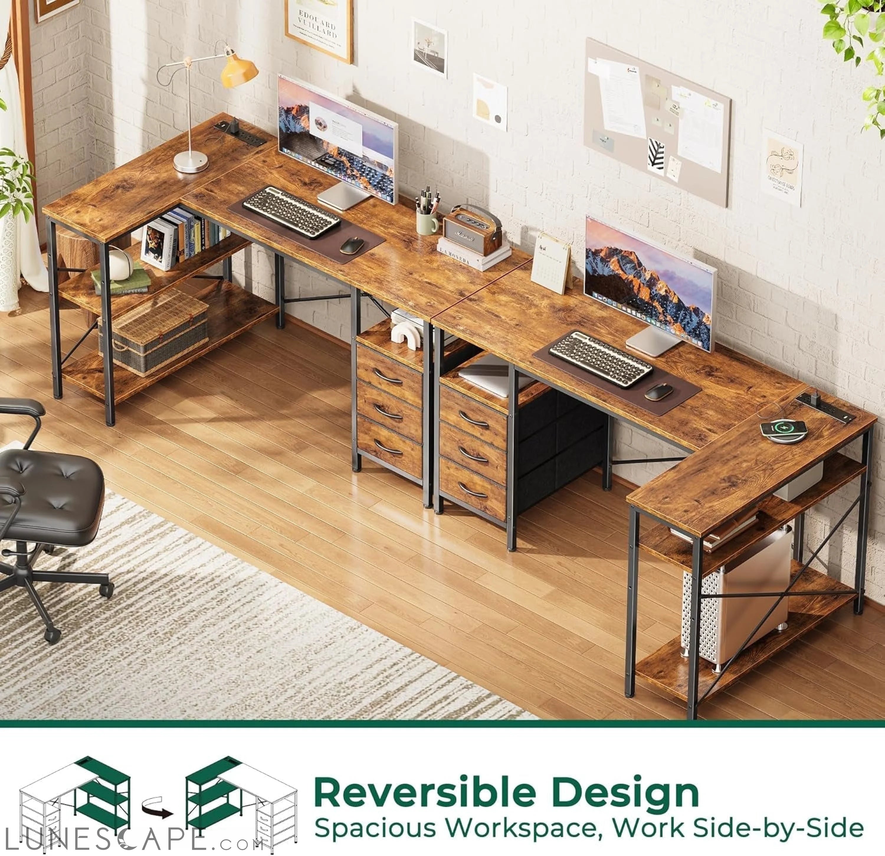 L Shaped Desk with Power Outlets, Computer Desk with 3 Drawers, 47 LUNESCAPE