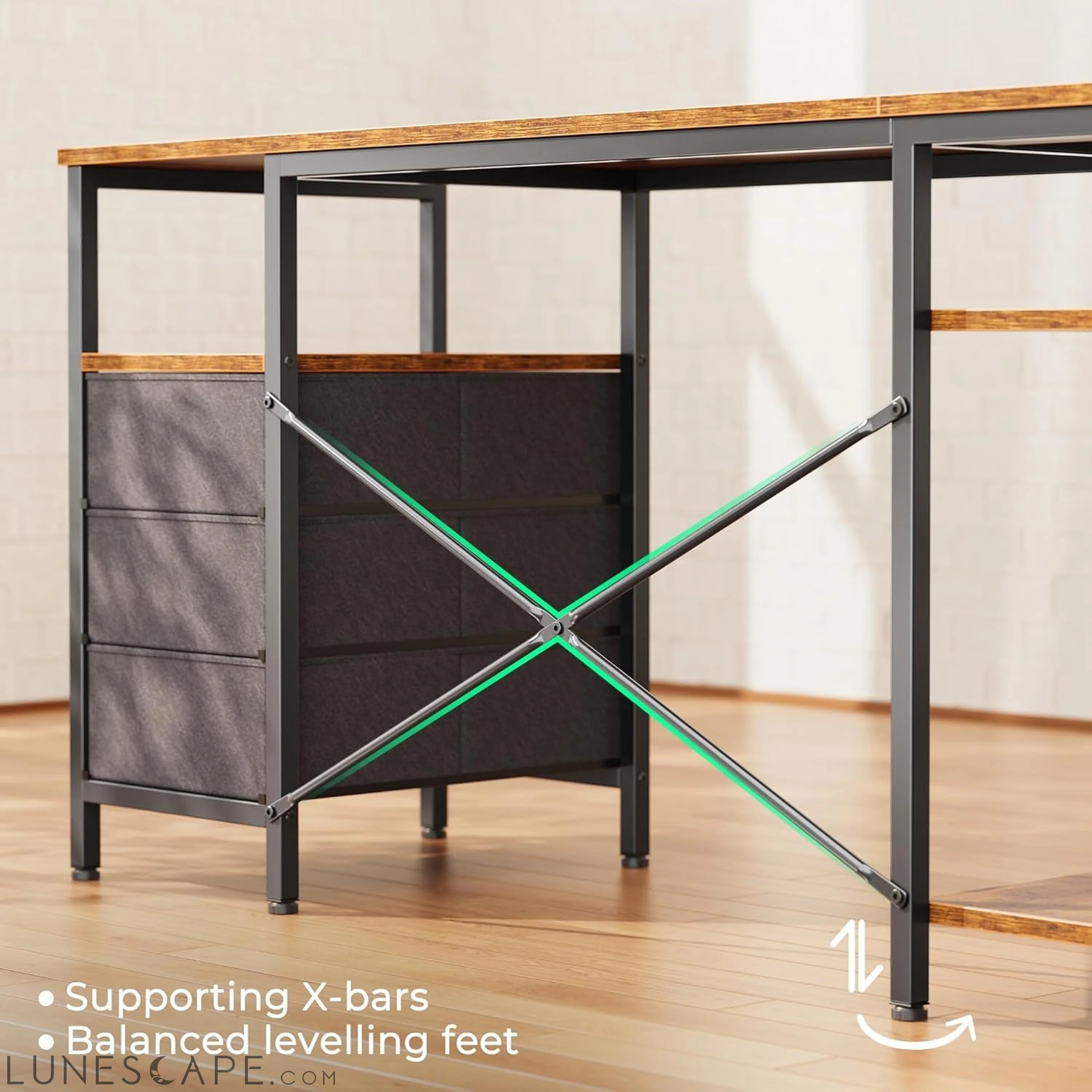 L Shaped Desk with Power Outlets, Computer Desk with 3 Drawers, 47 LUNESCAPE