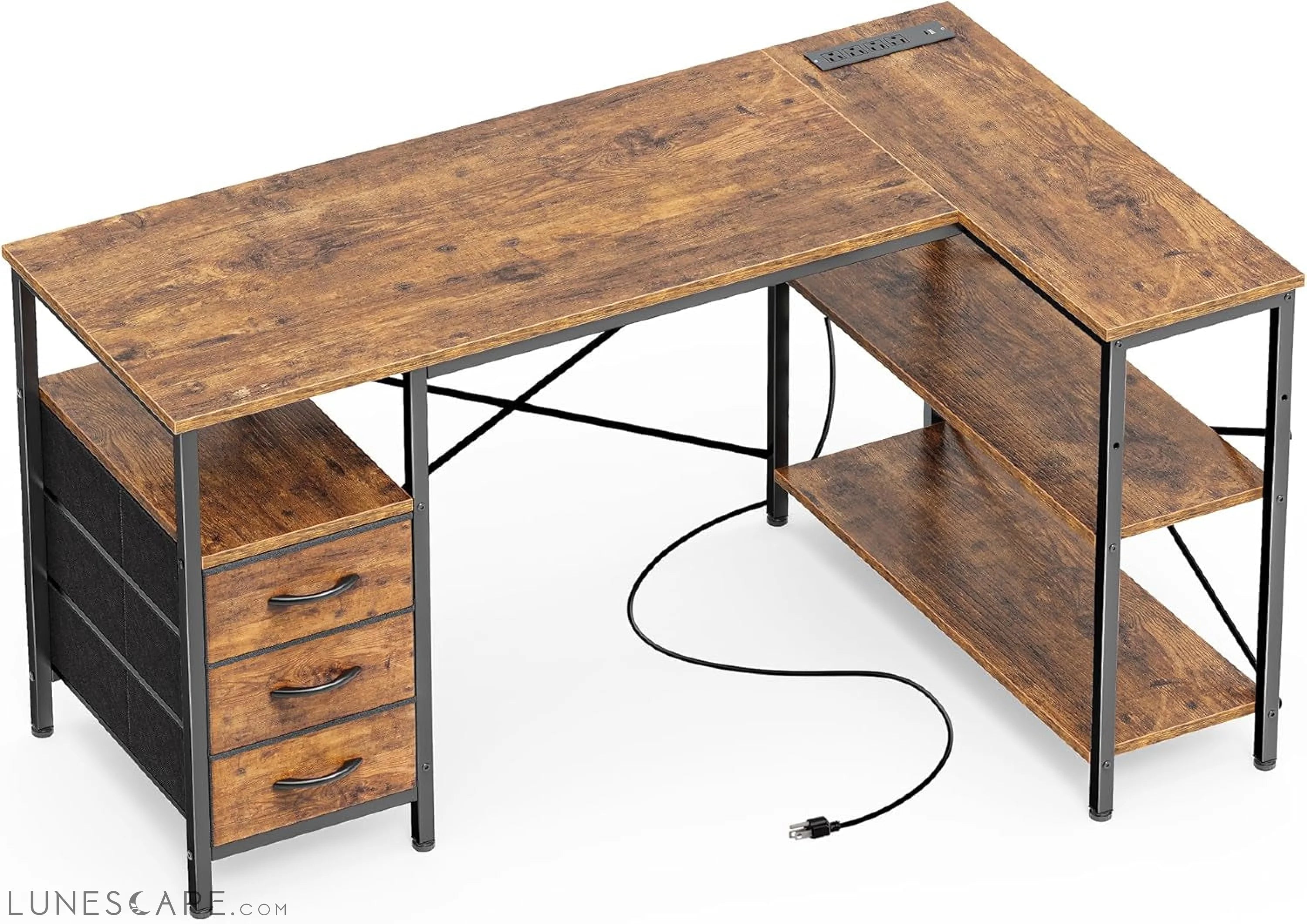 L Shaped Desk with Power Outlets, Computer Desk with 3 Drawers, 47 LUNESCAPE