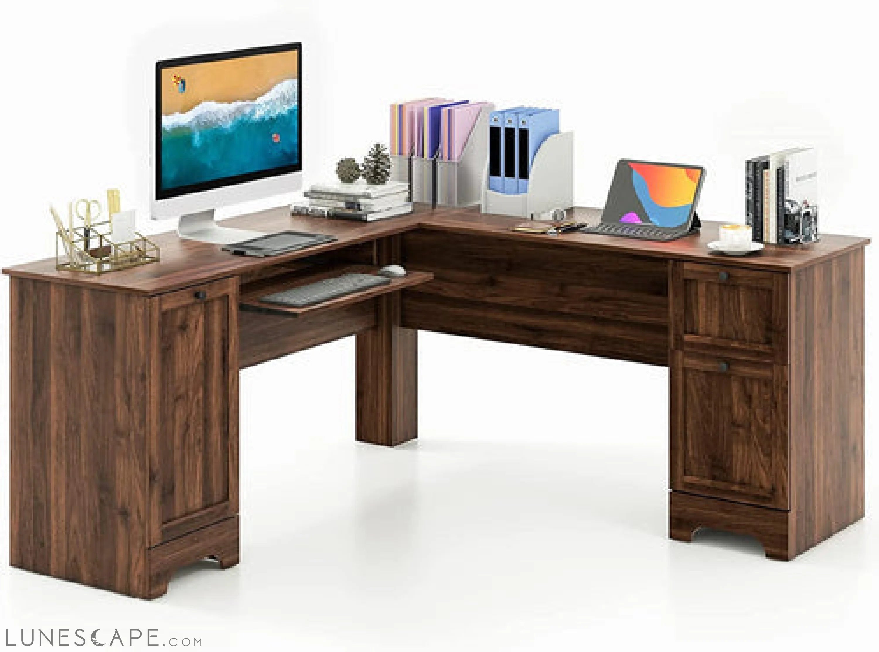 L-Shaped Desk with Storage & Keyboard Tray LUNESCAPE
