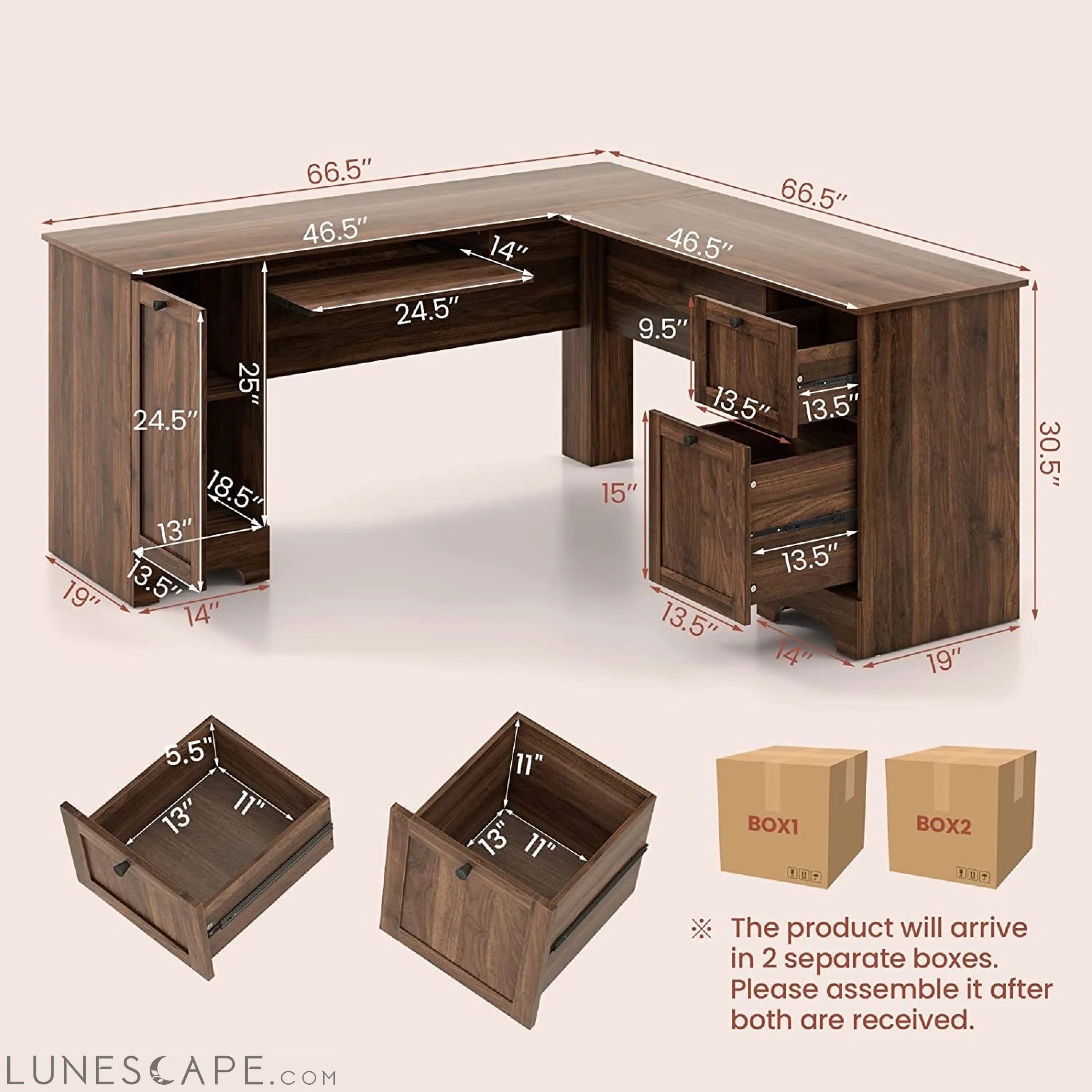 L-Shaped Desk with Storage & Keyboard Tray LUNESCAPE