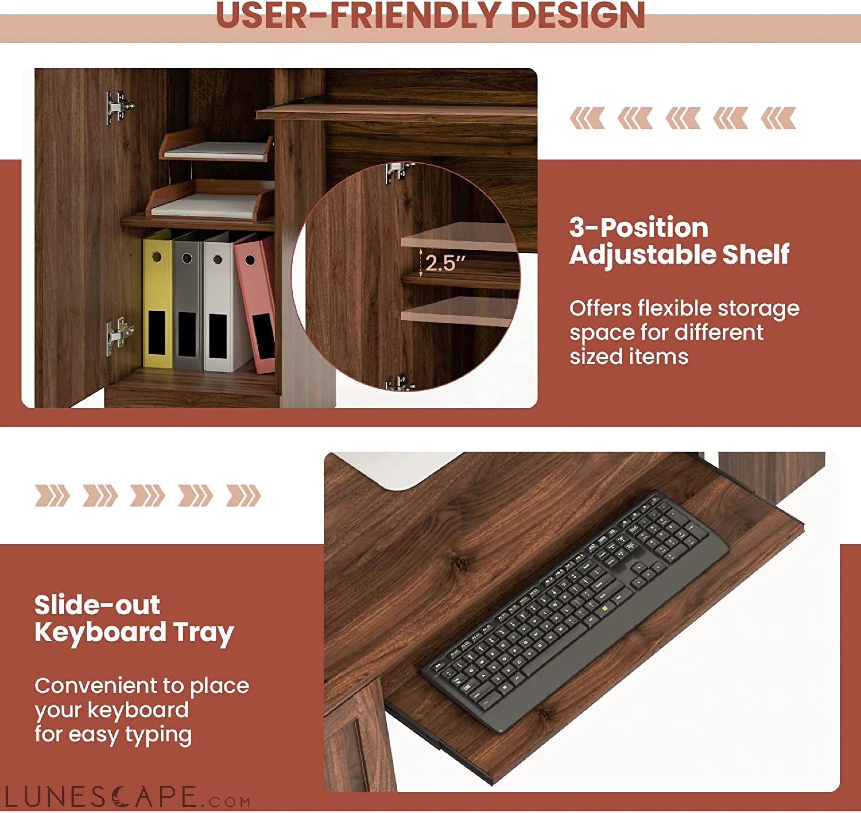 L-Shaped Desk with Storage & Keyboard Tray LUNESCAPE