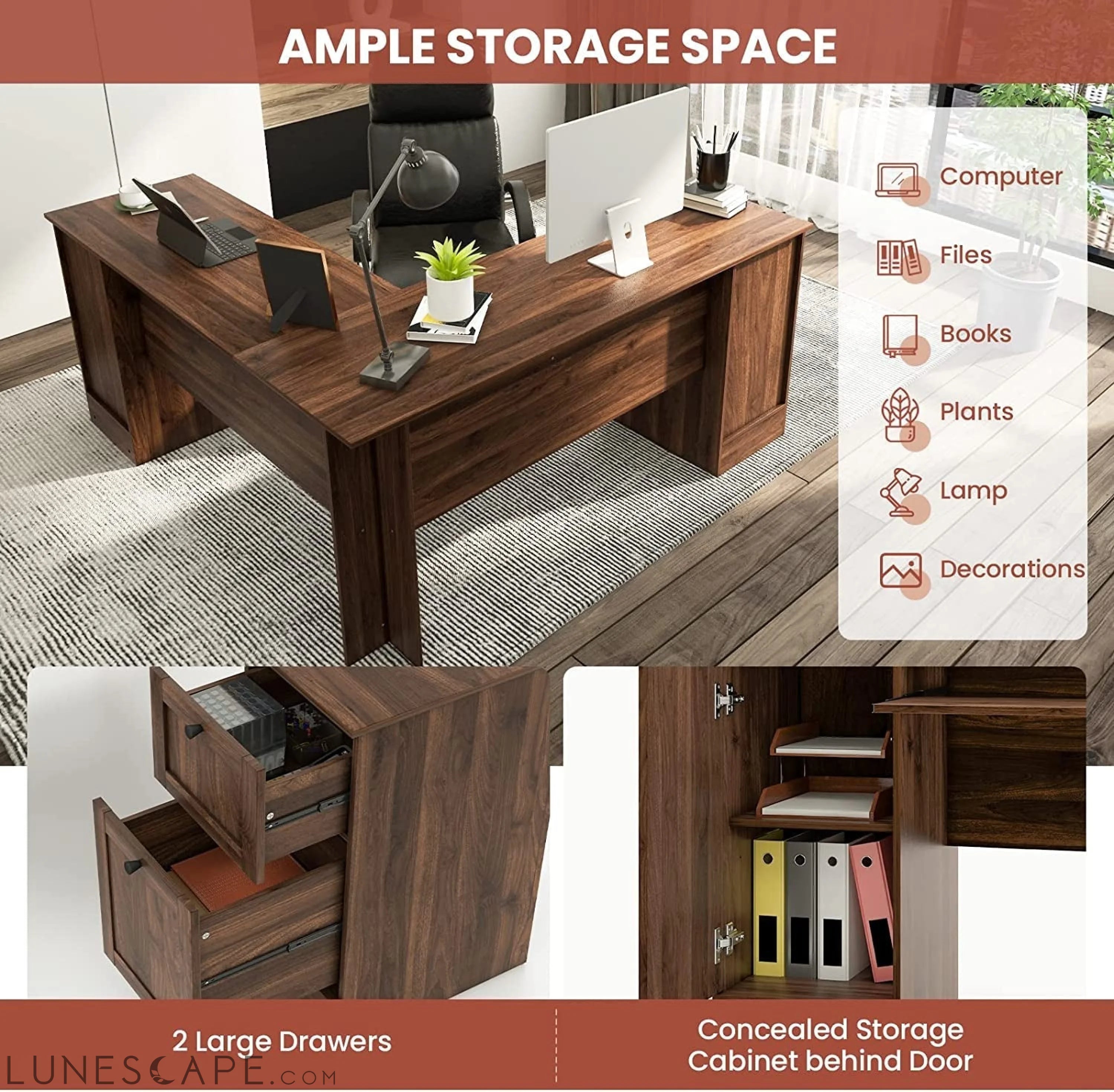 L-Shaped Desk with Storage & Keyboard Tray LUNESCAPE