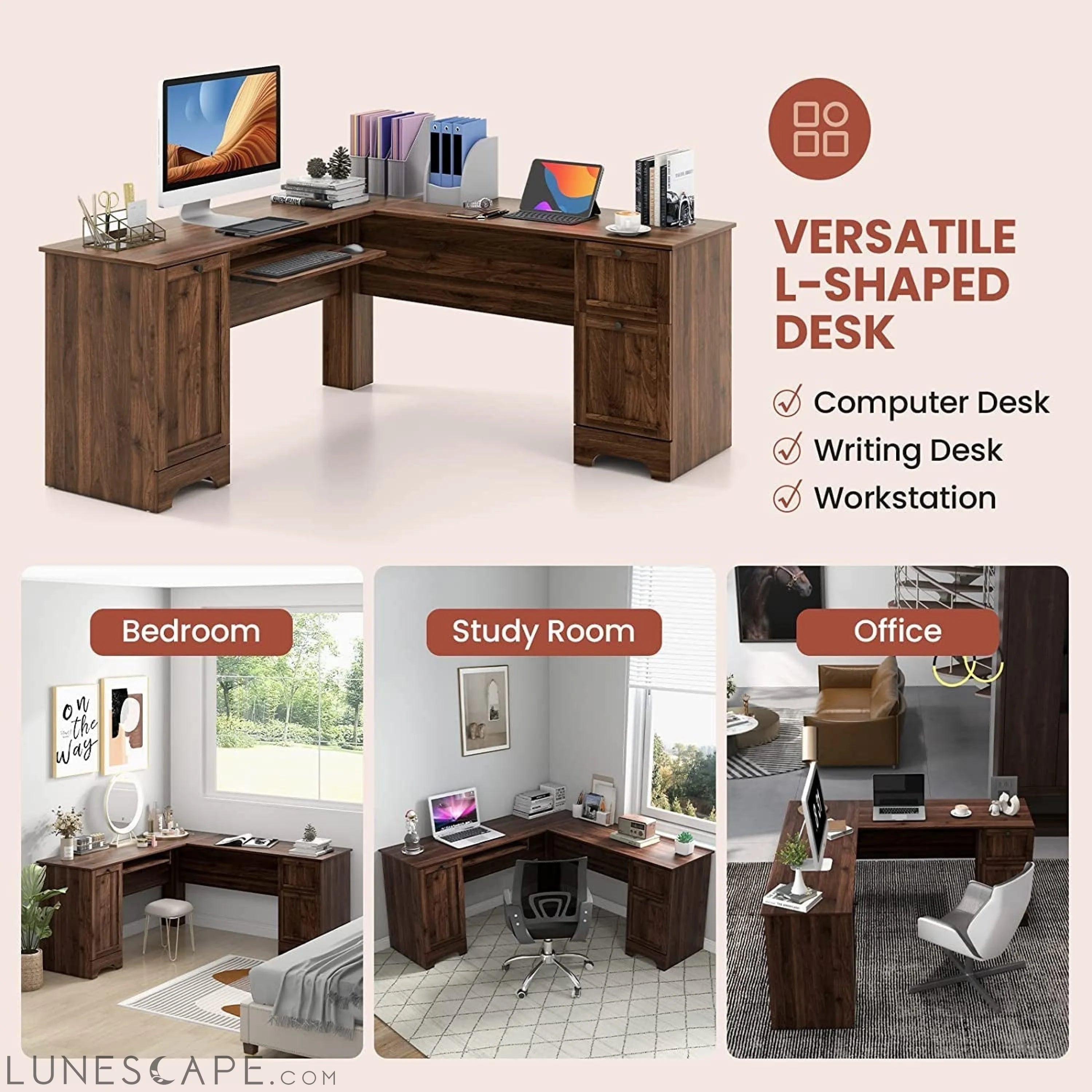 L-Shaped Desk with Storage & Keyboard Tray LUNESCAPE