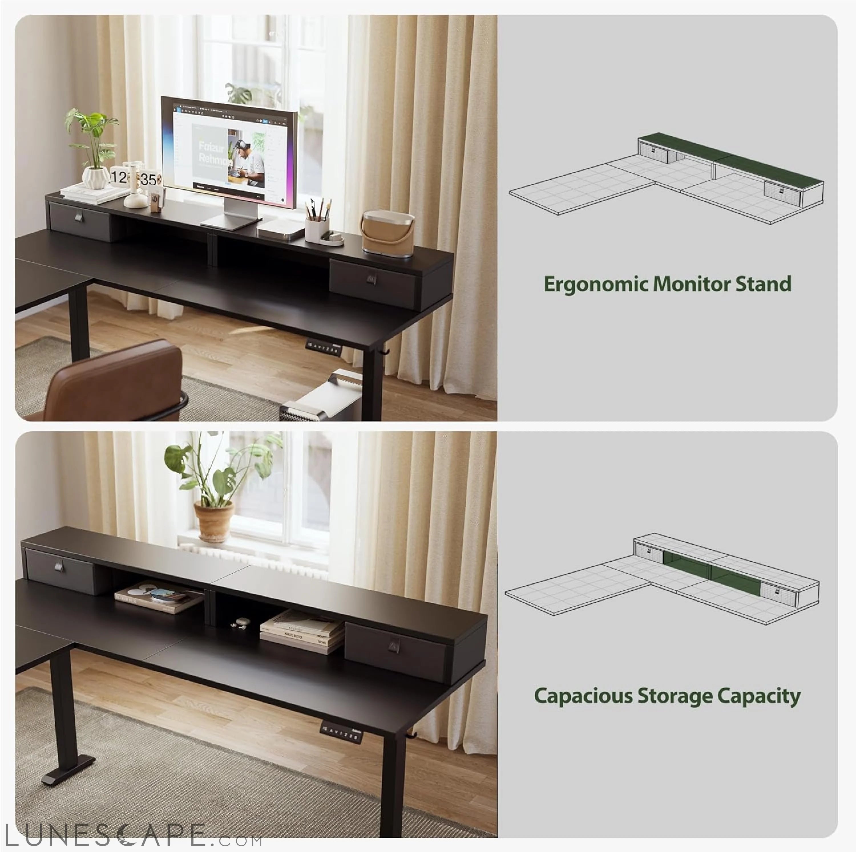 L Shaped Electric Standing Desk with 2 Drawers, 63 Inch Ergonomic LUNESCAPE