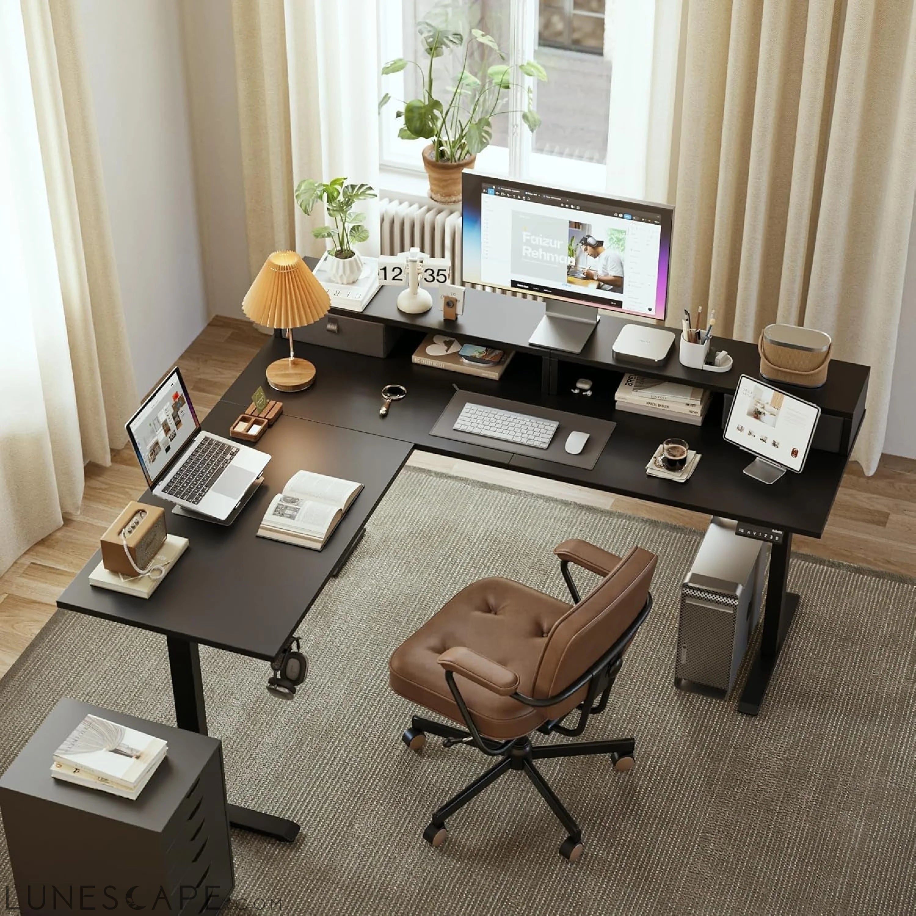 L Shaped Electric Standing Desk with 2 Drawers, 63 Inch Ergonomic LUNESCAPE