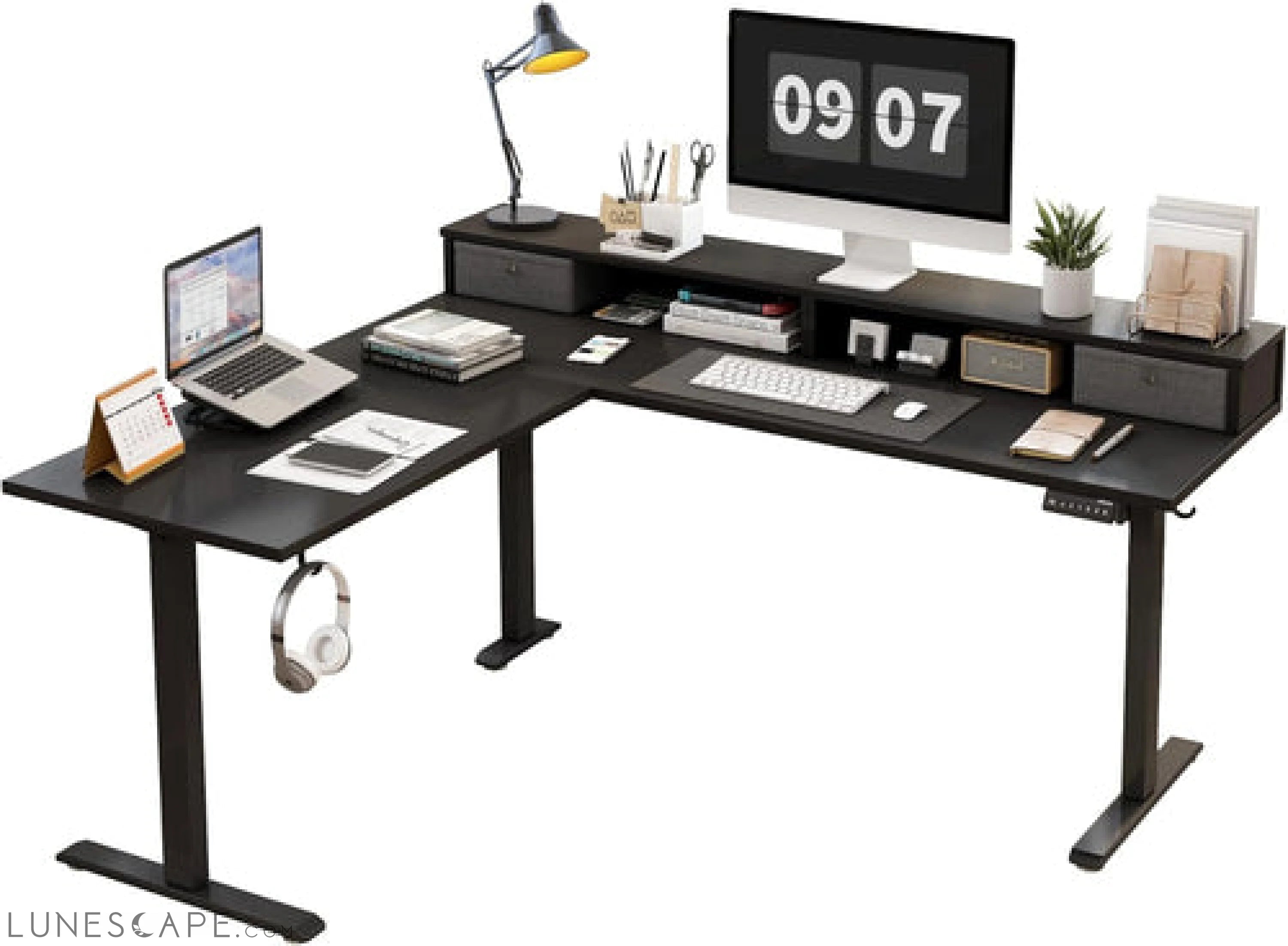 L Shaped Electric Standing Desk with 2 Drawers, 63 Inch Ergonomic LUNESCAPE