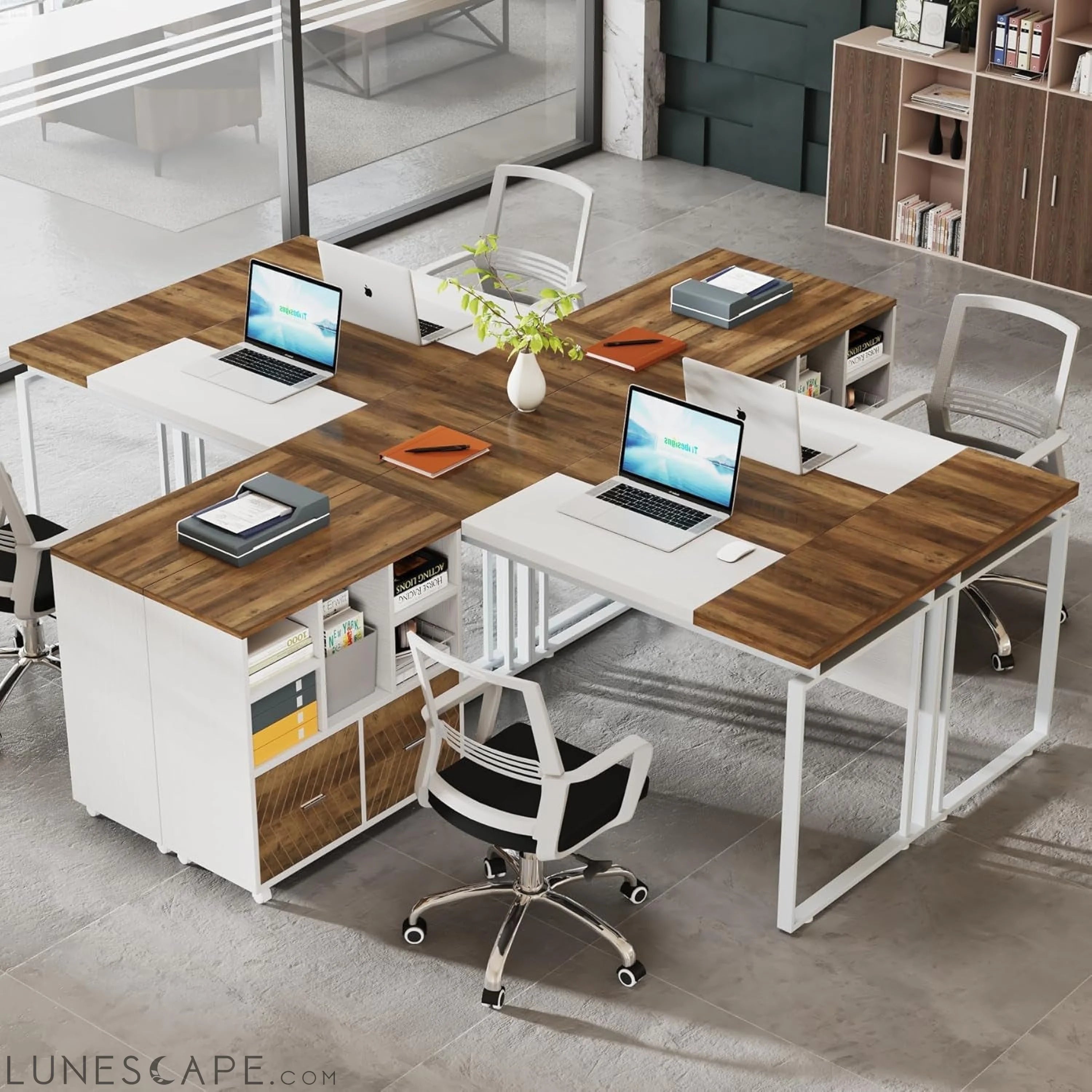 L-Shaped Executive Desk with Reversible File Cabinet, 63" Office Desk LUNESCAPE