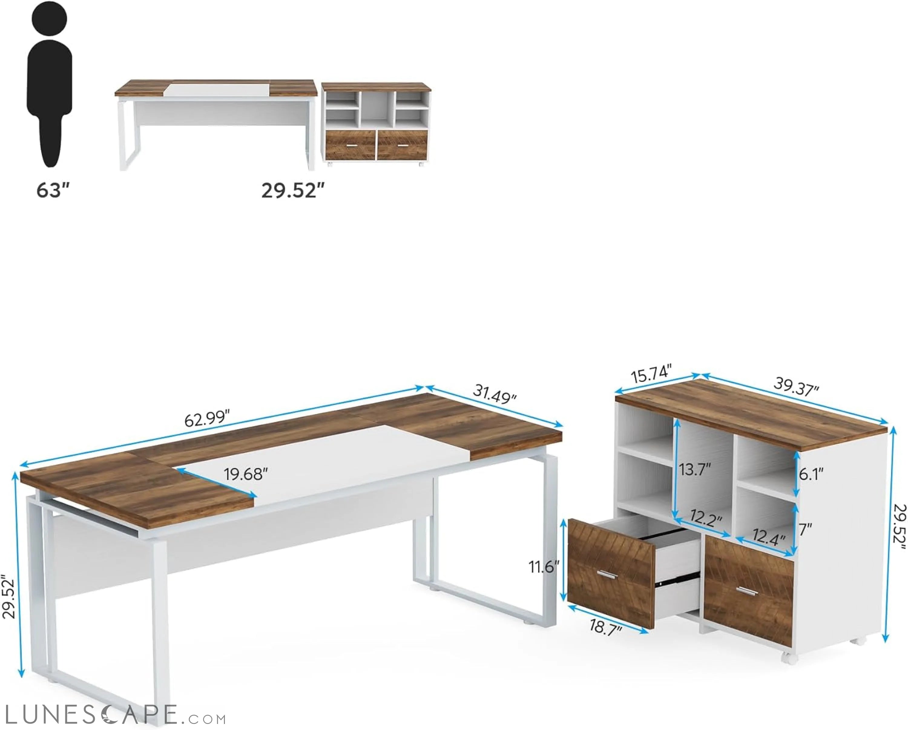 L-Shaped Executive Desk with Reversible File Cabinet, 63" Office Desk LUNESCAPE