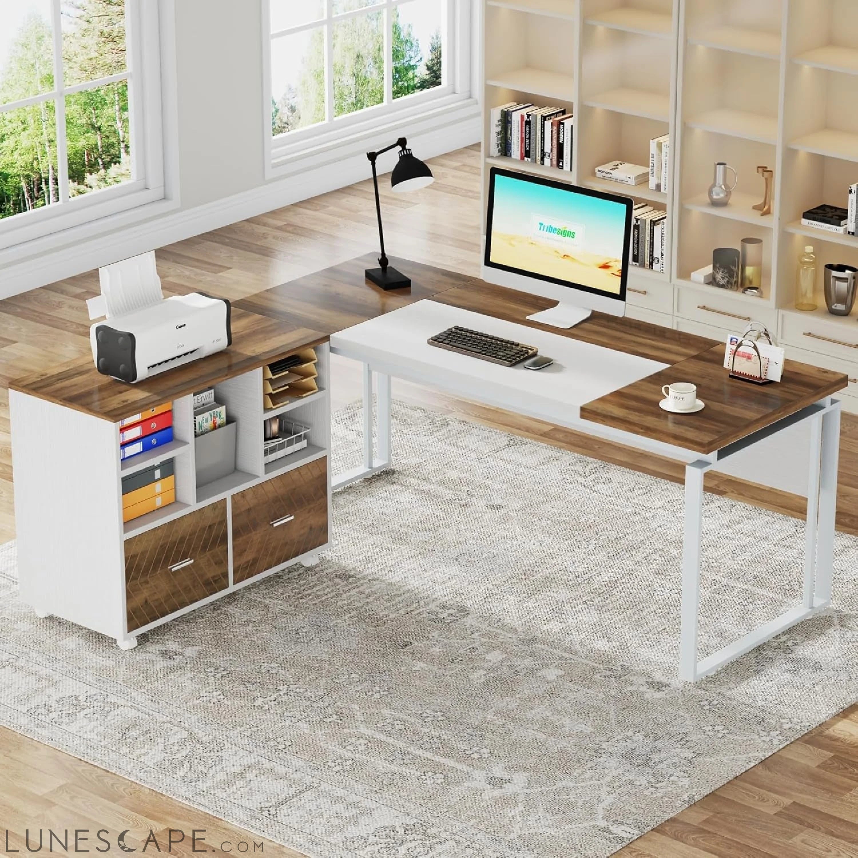 L-Shaped Executive Desk with Reversible File Cabinet, 63" Office Desk LUNESCAPE
