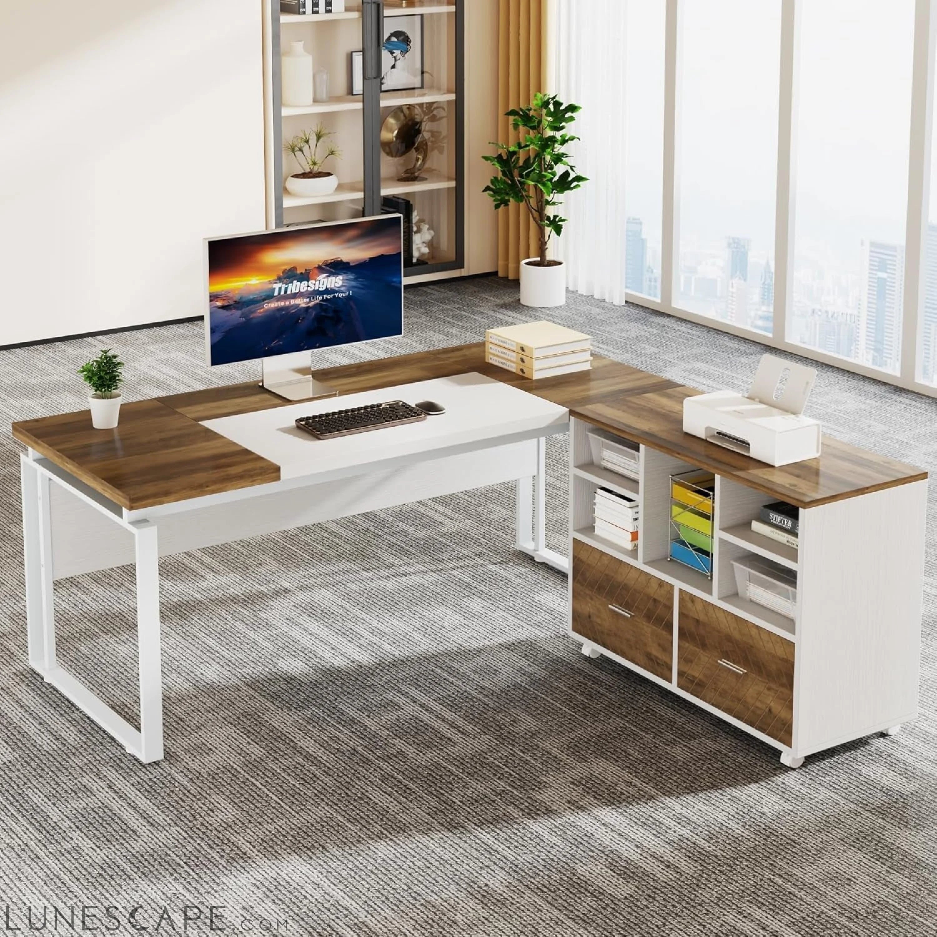 L-Shaped Executive Desk with Reversible File Cabinet, 63" Office Desk LUNESCAPE