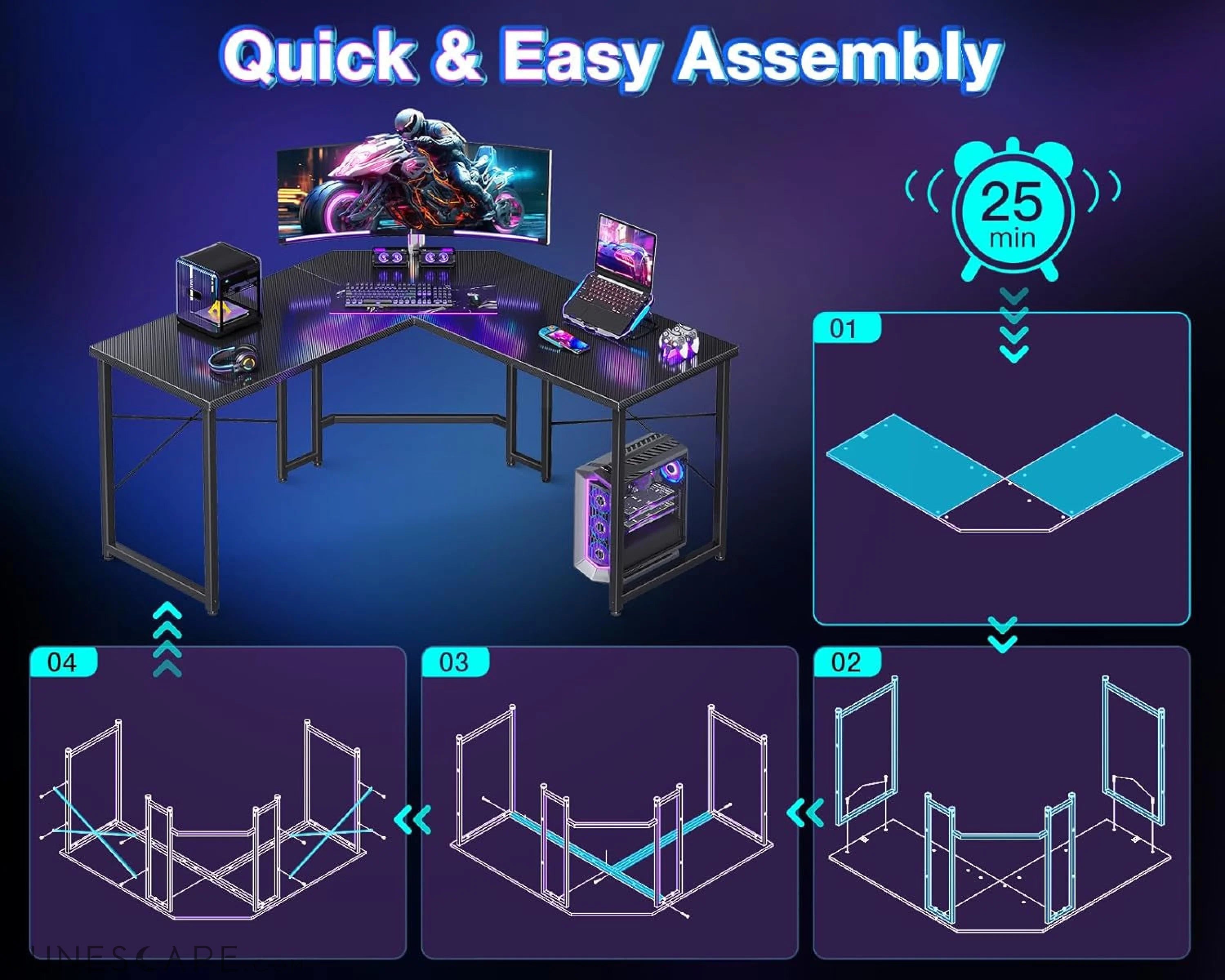 L Shaped Gaming Desk, Corner Desk Gaming Table for Home Office, LUNESCAPE