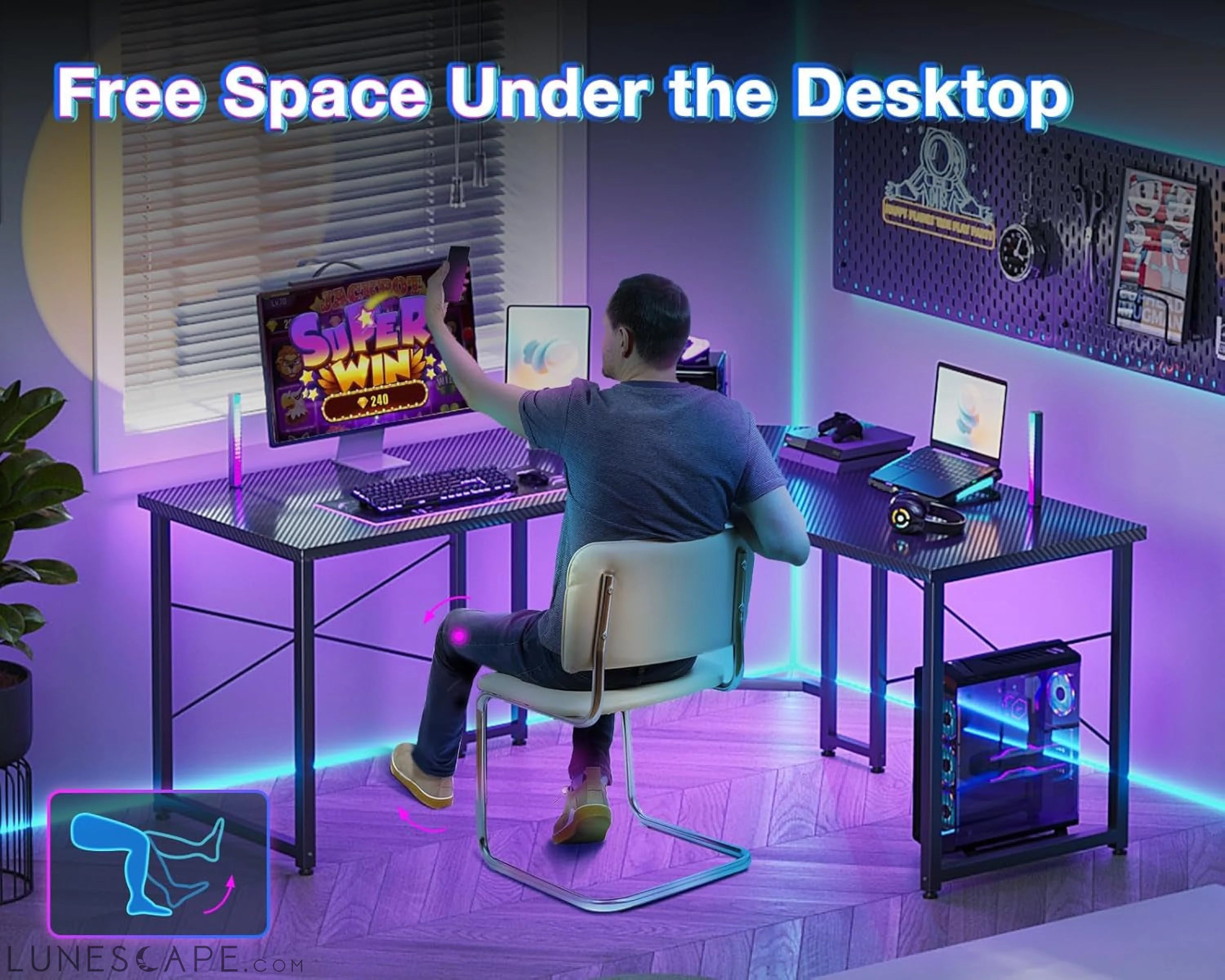 L Shaped Gaming Desk, Corner Desk Gaming Table for Home Office, LUNESCAPE