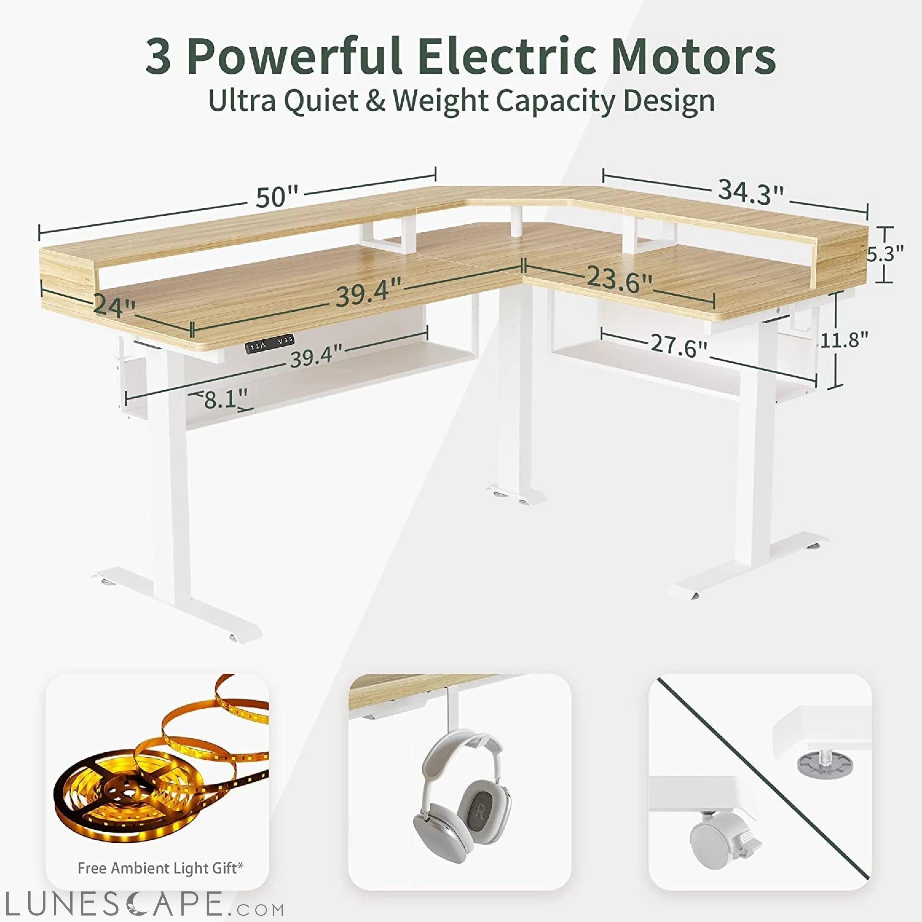 L-Shaped Standing Desk with Shelves, Triple Motors, Oak LUNESCAPE