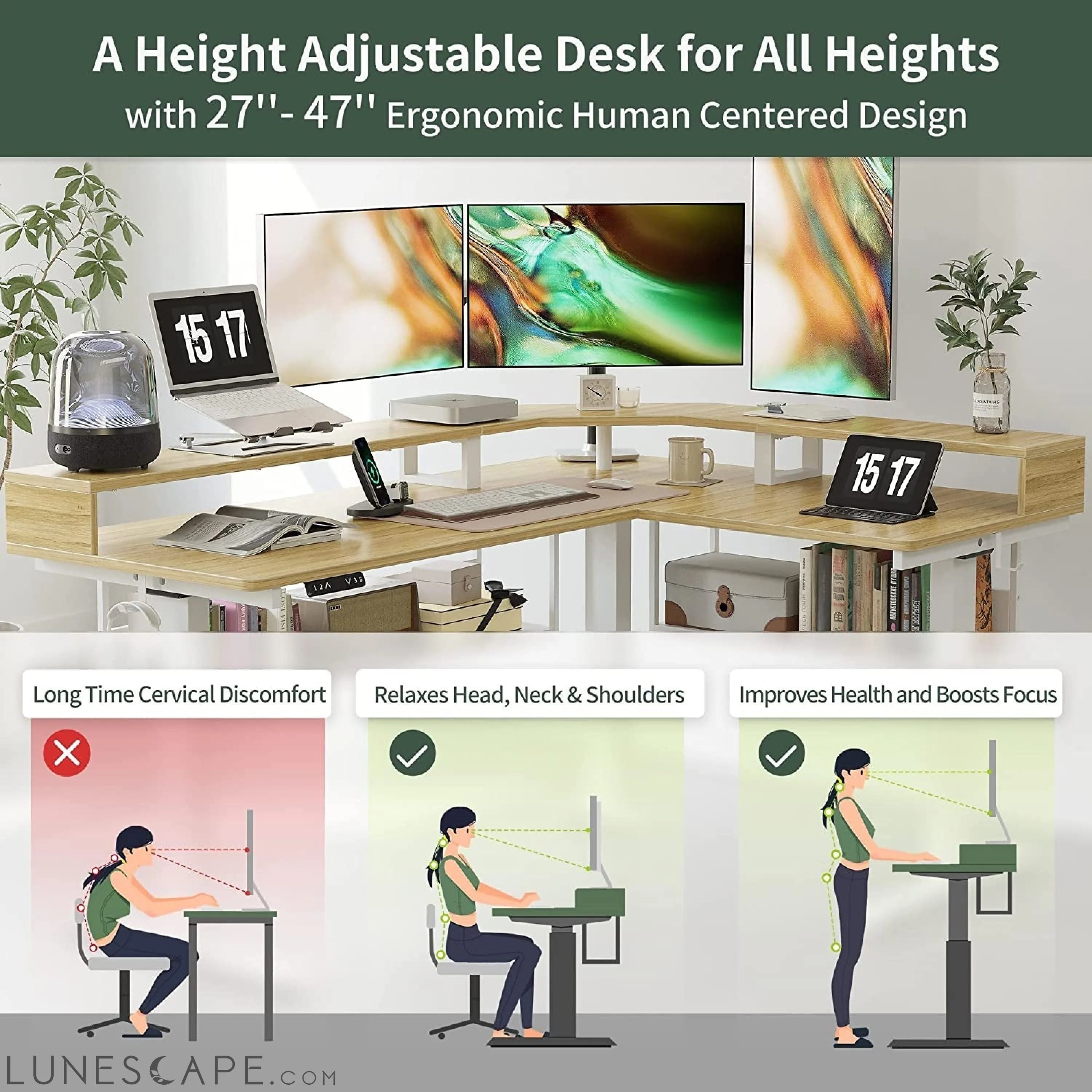 L-Shaped Standing Desk with Shelves, Triple Motors, Oak LUNESCAPE