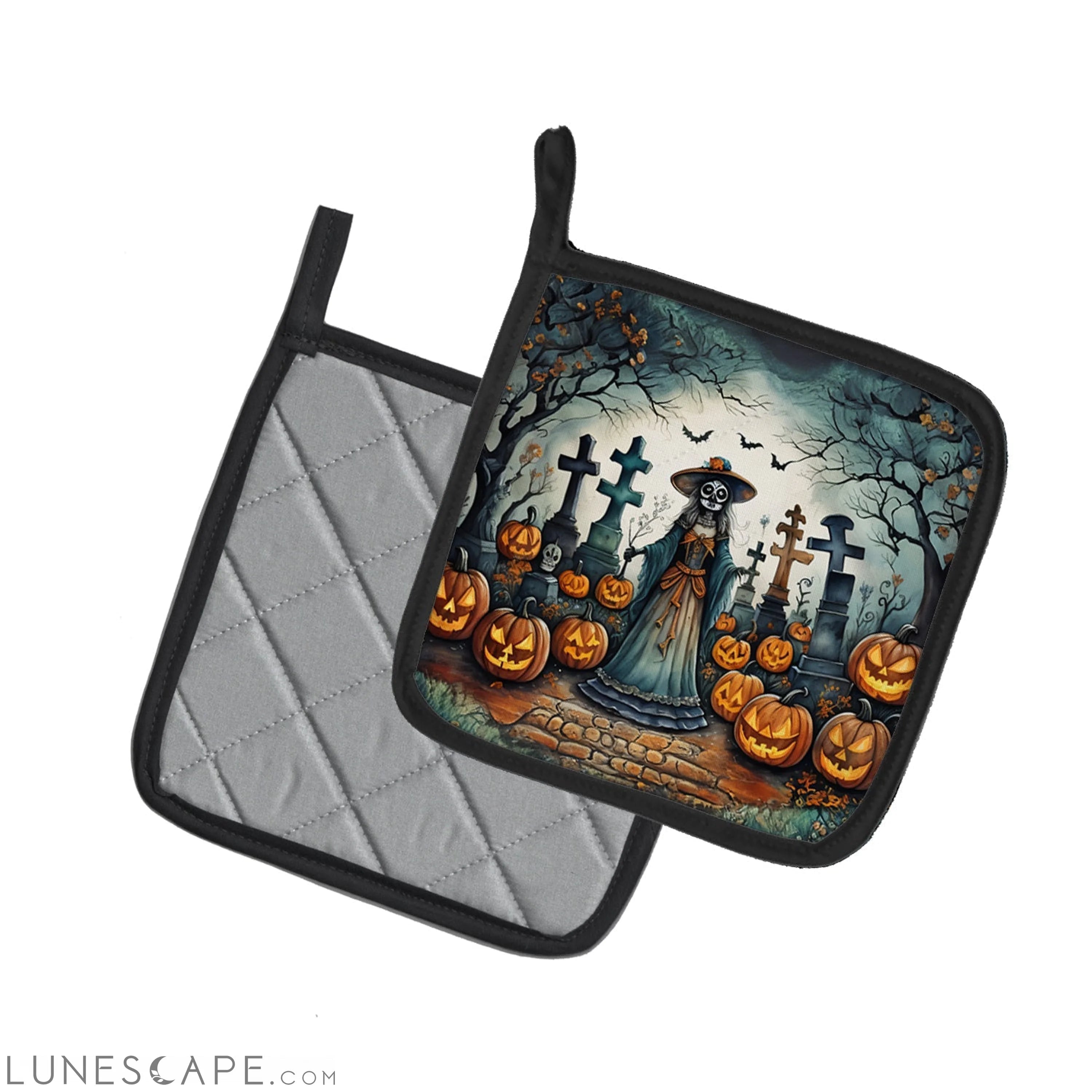 La Catrina Skeleton Spooky Halloween Pair of Pot Holders LUNESCAPE