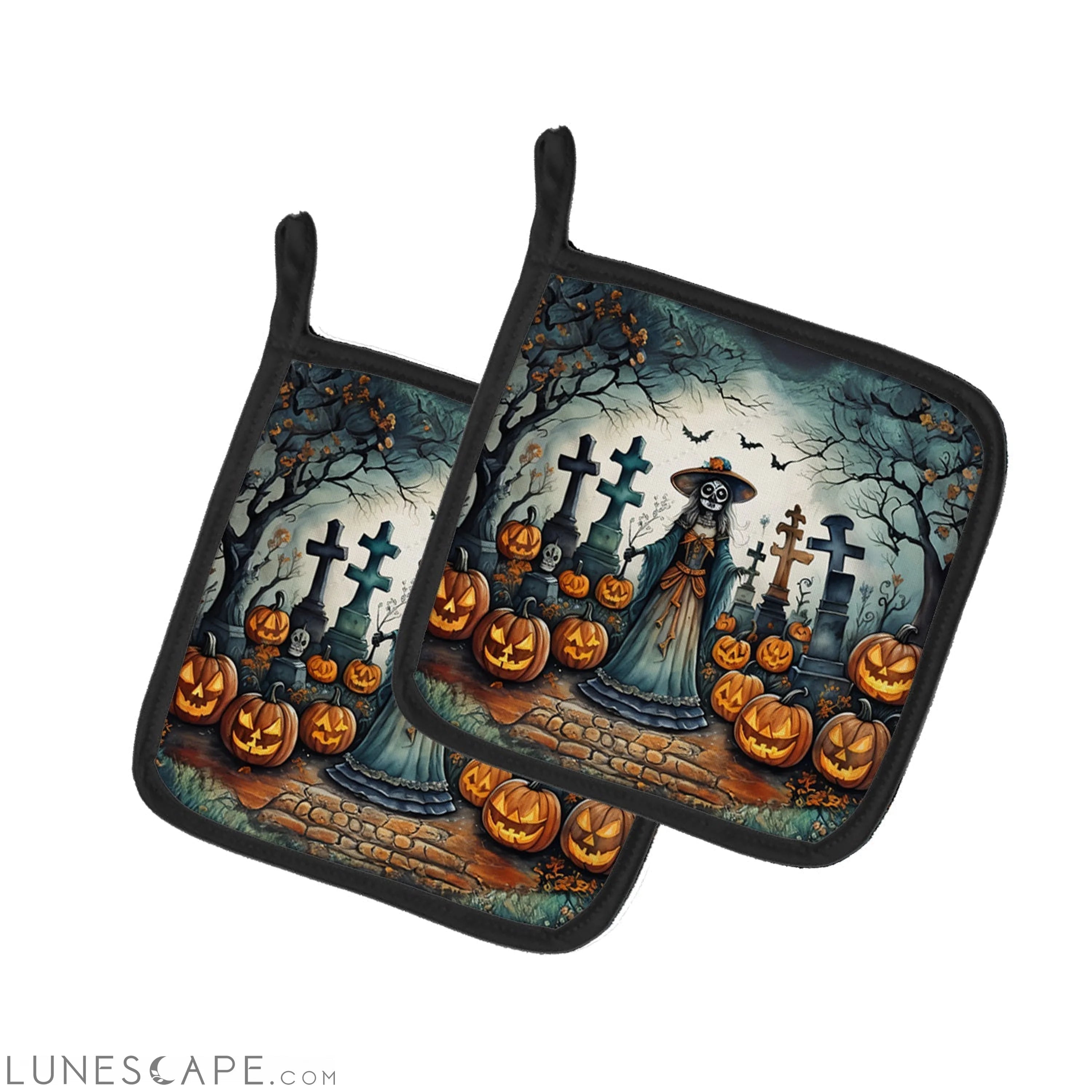 La Catrina Skeleton Spooky Halloween Pair of Pot Holders LUNESCAPE