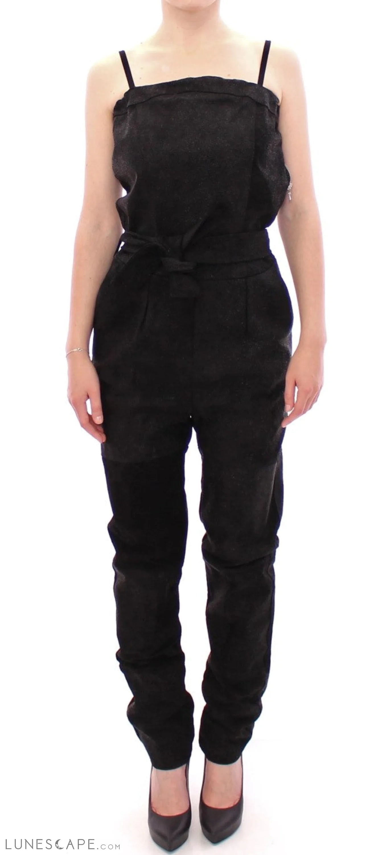 La Maison du Couturier Elegant Black Leather Jumpsuit with Waist Strap LUNESCAPE