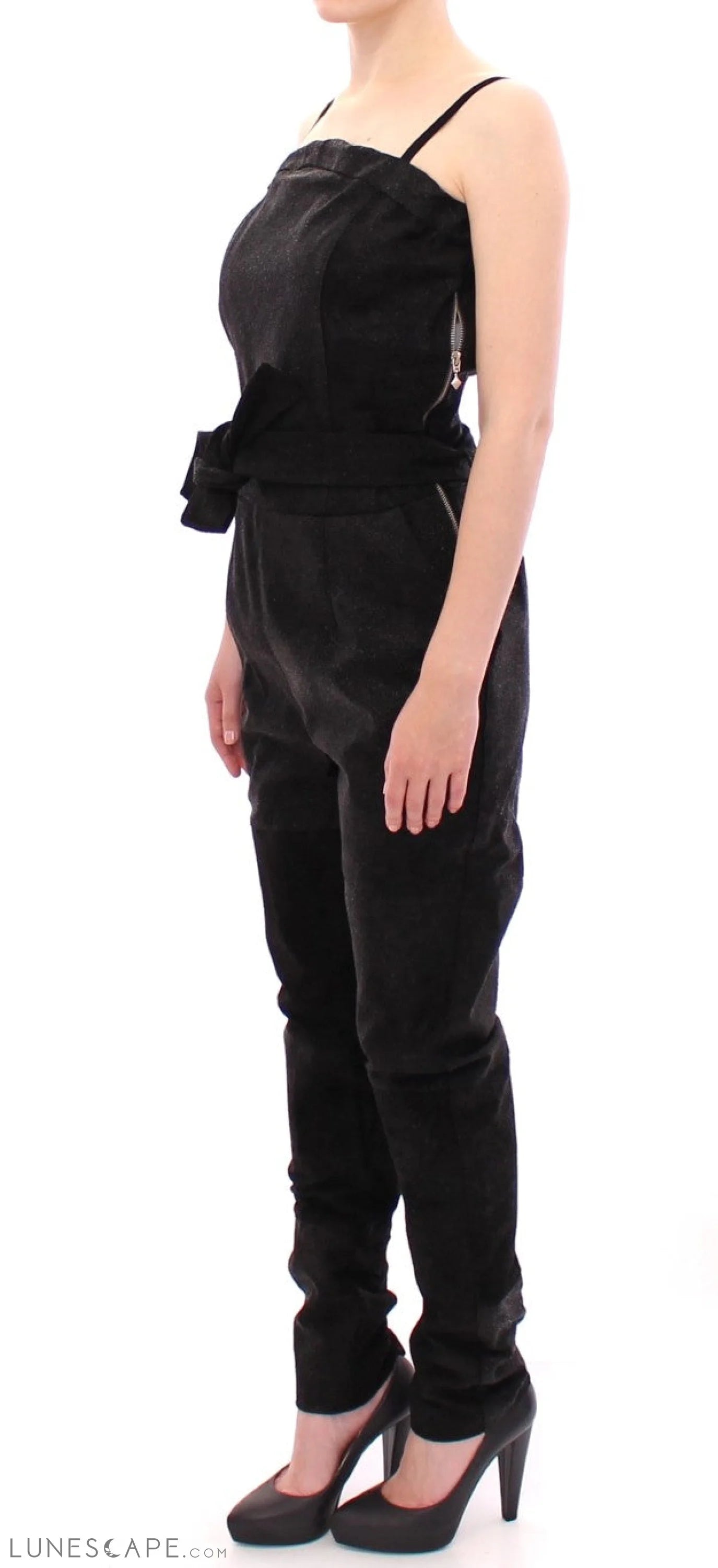 La Maison du Couturier Elegant Black Leather Jumpsuit with Waist Strap LUNESCAPE