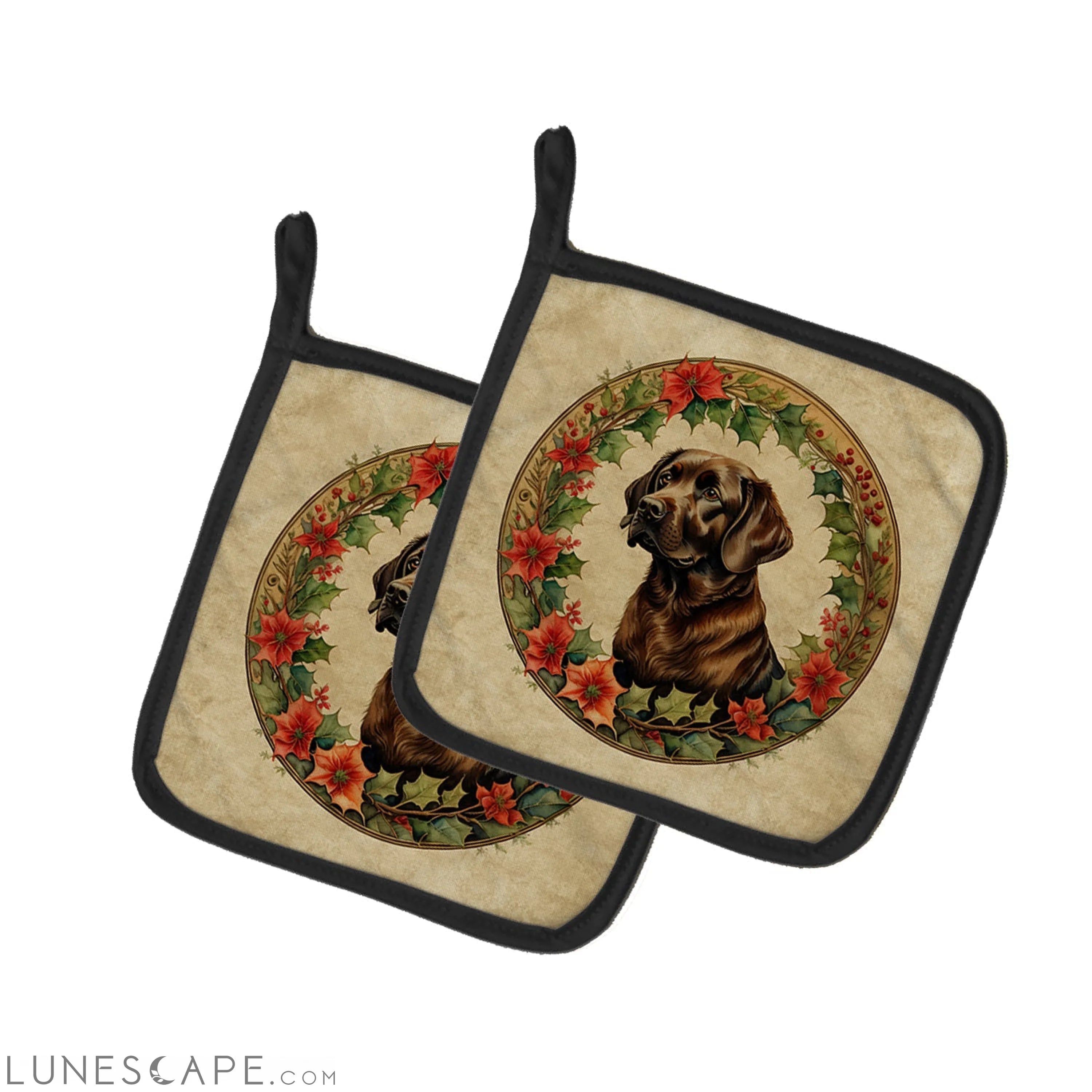 Labrador Retriever Christmas Flowers Pair of Pot Holders LUNESCAPE