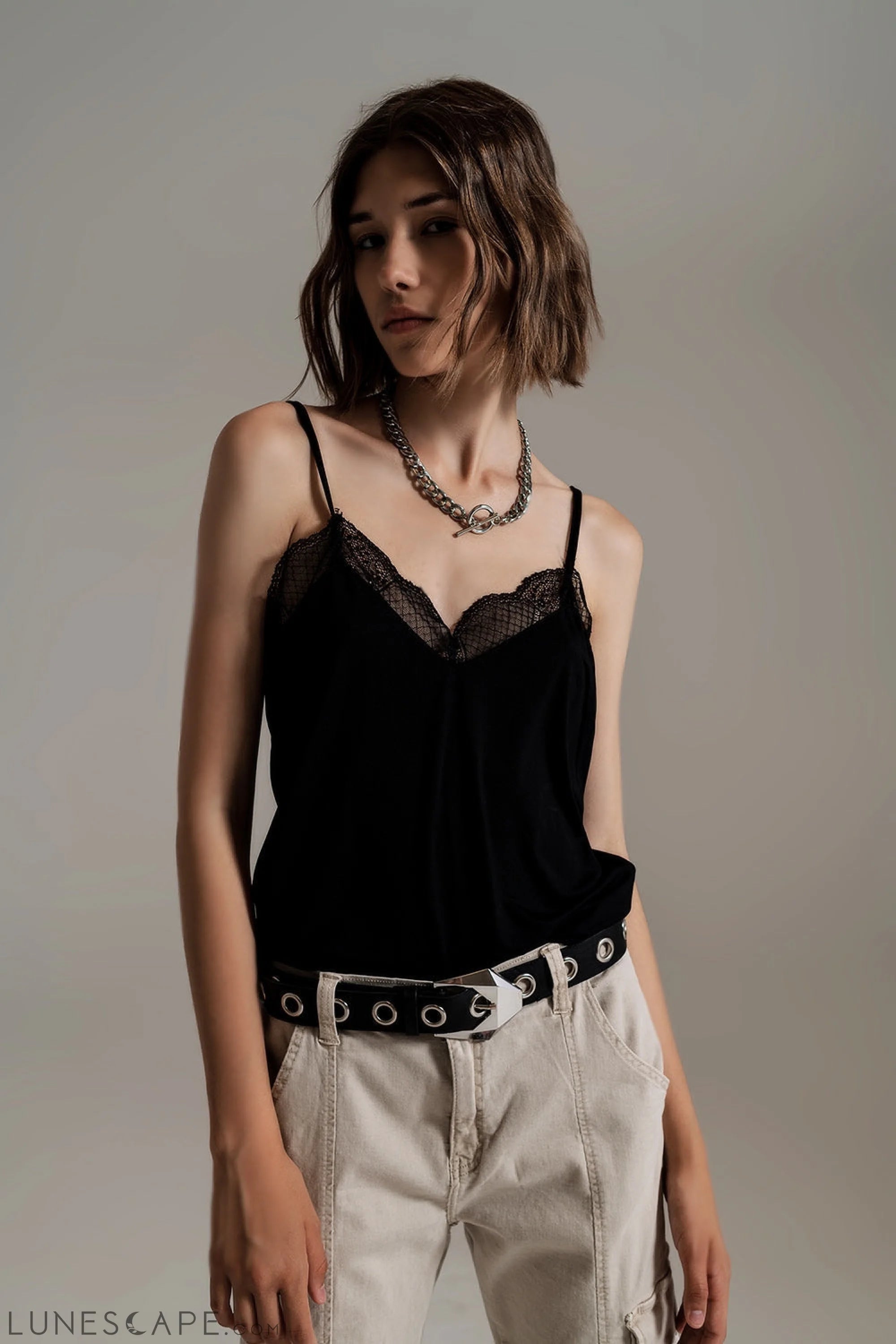 Lace Detail Cami Top in Black LUNESCAPE