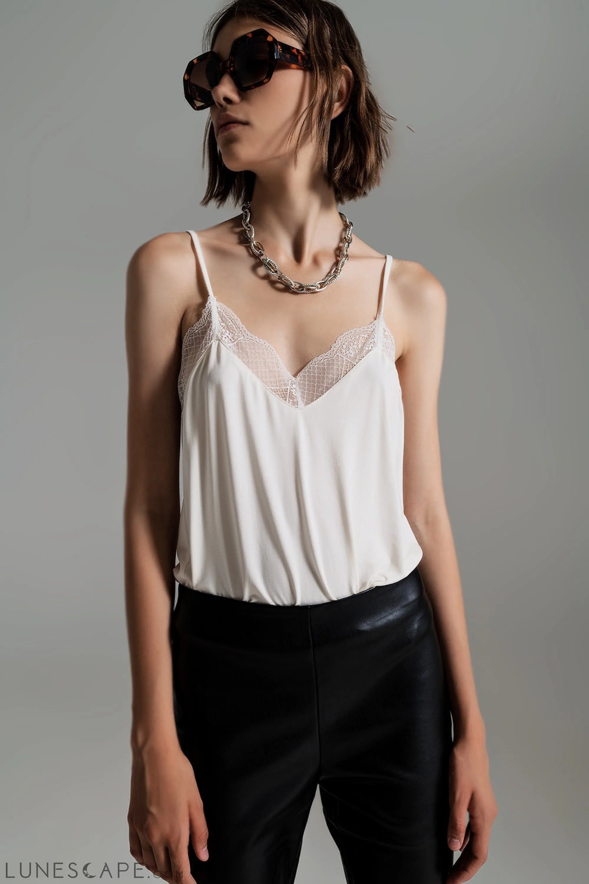 Lace Detail Cami Top in Cream LUNESCAPE