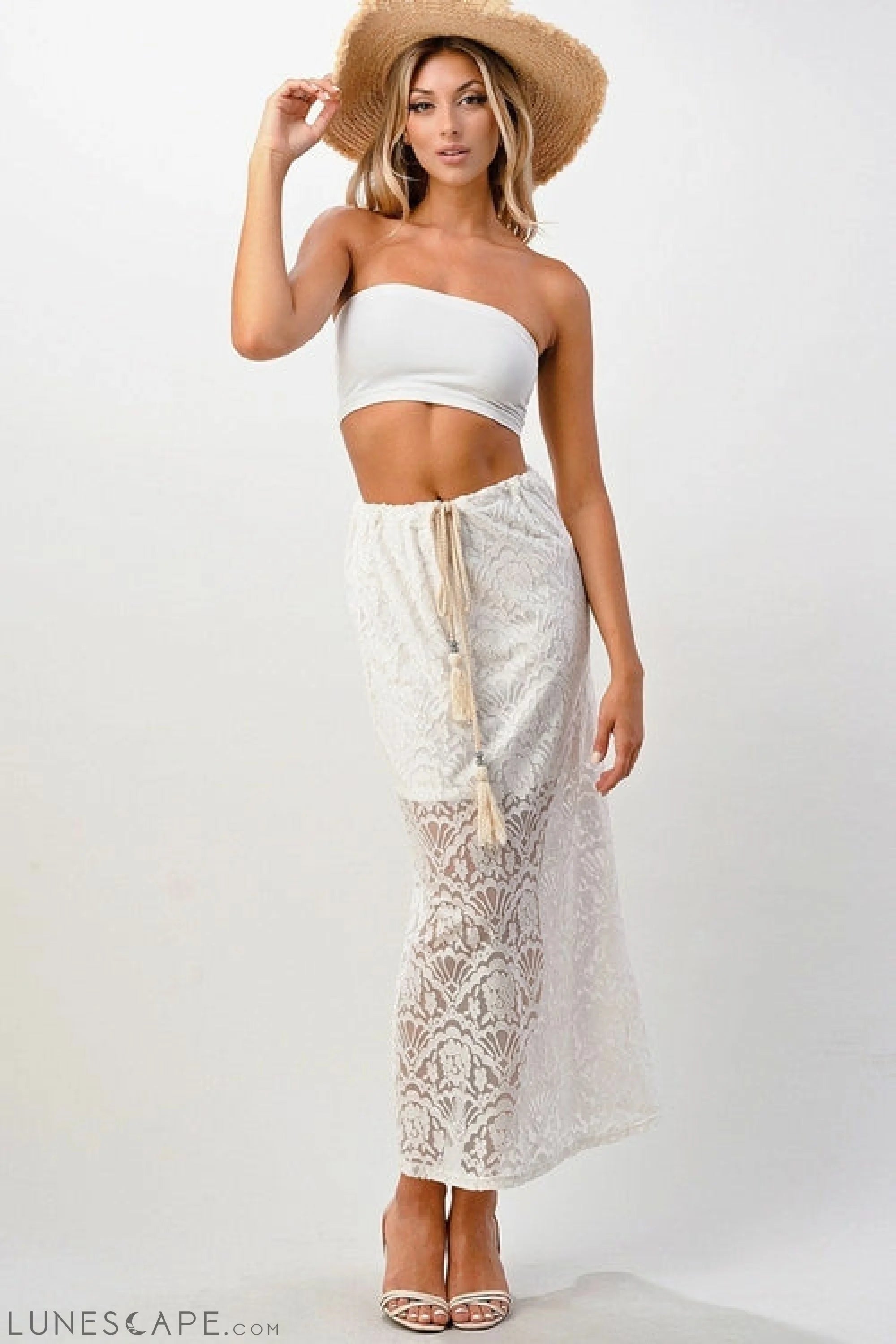Lace Maxi Skirt With Cotton-Core Bow LUNESCAPE