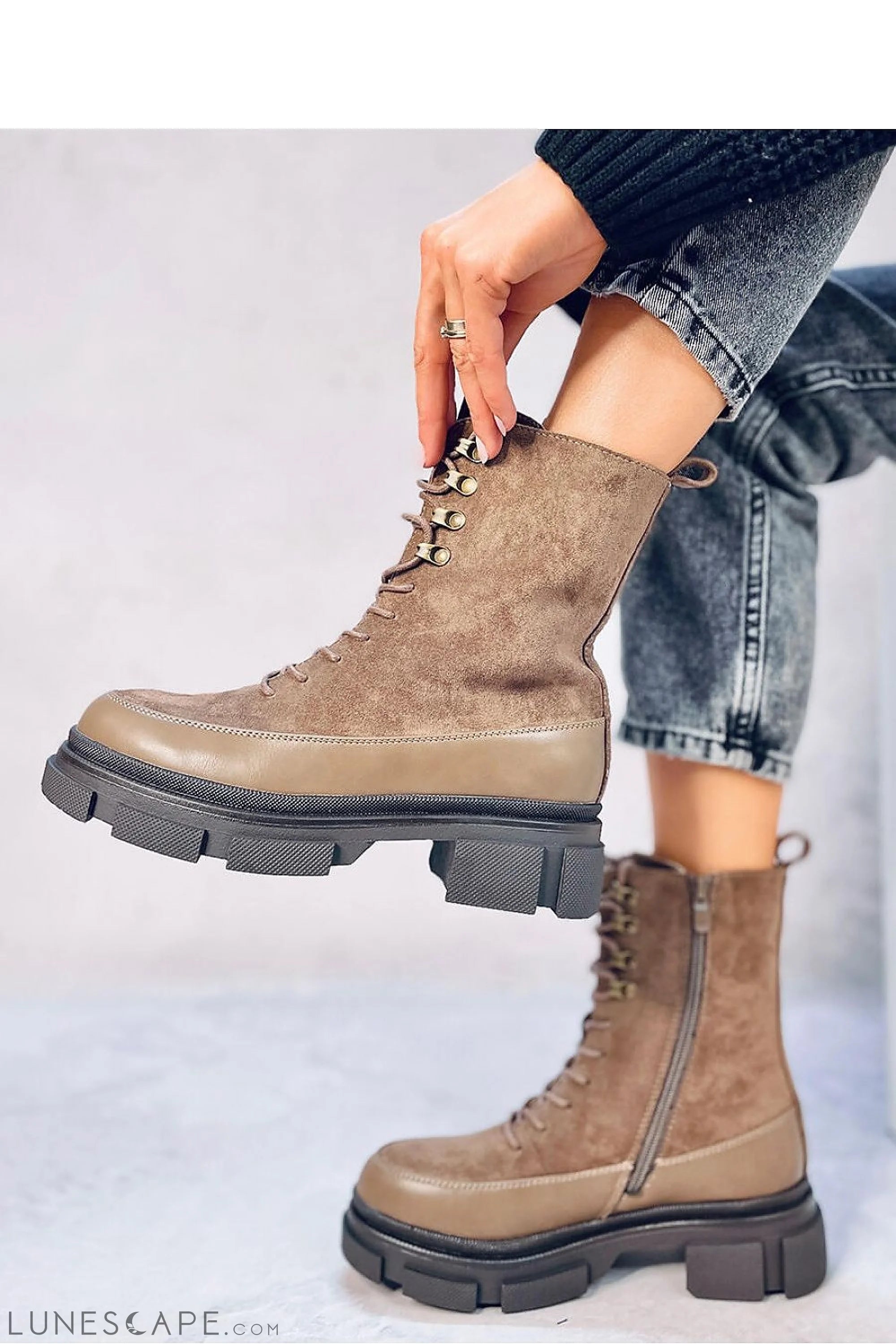 Lace Up Taupe Suede Combat Boot with Chunky Platform Heel LUNESCAPE