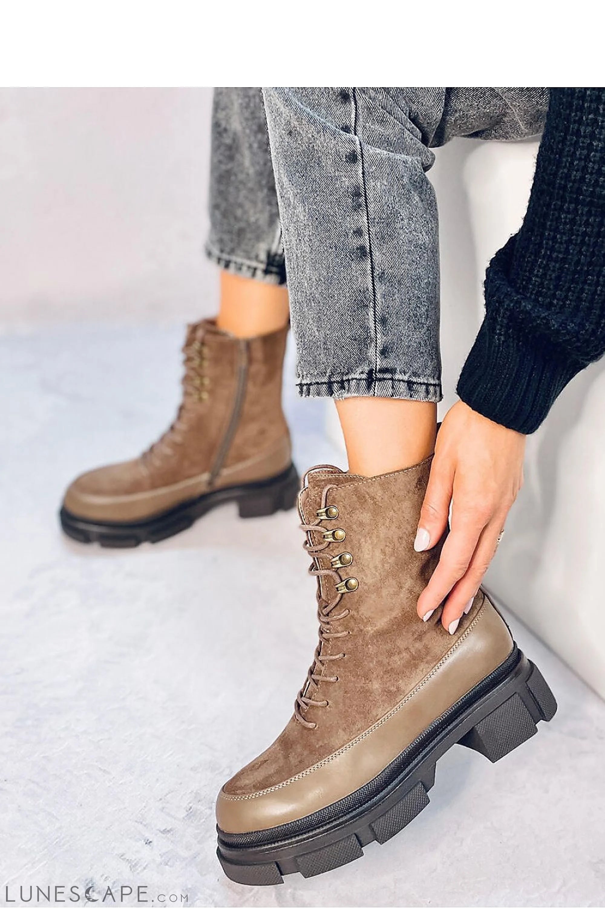 Lace Up Taupe Suede Combat Boot with Chunky Platform Heel LUNESCAPE