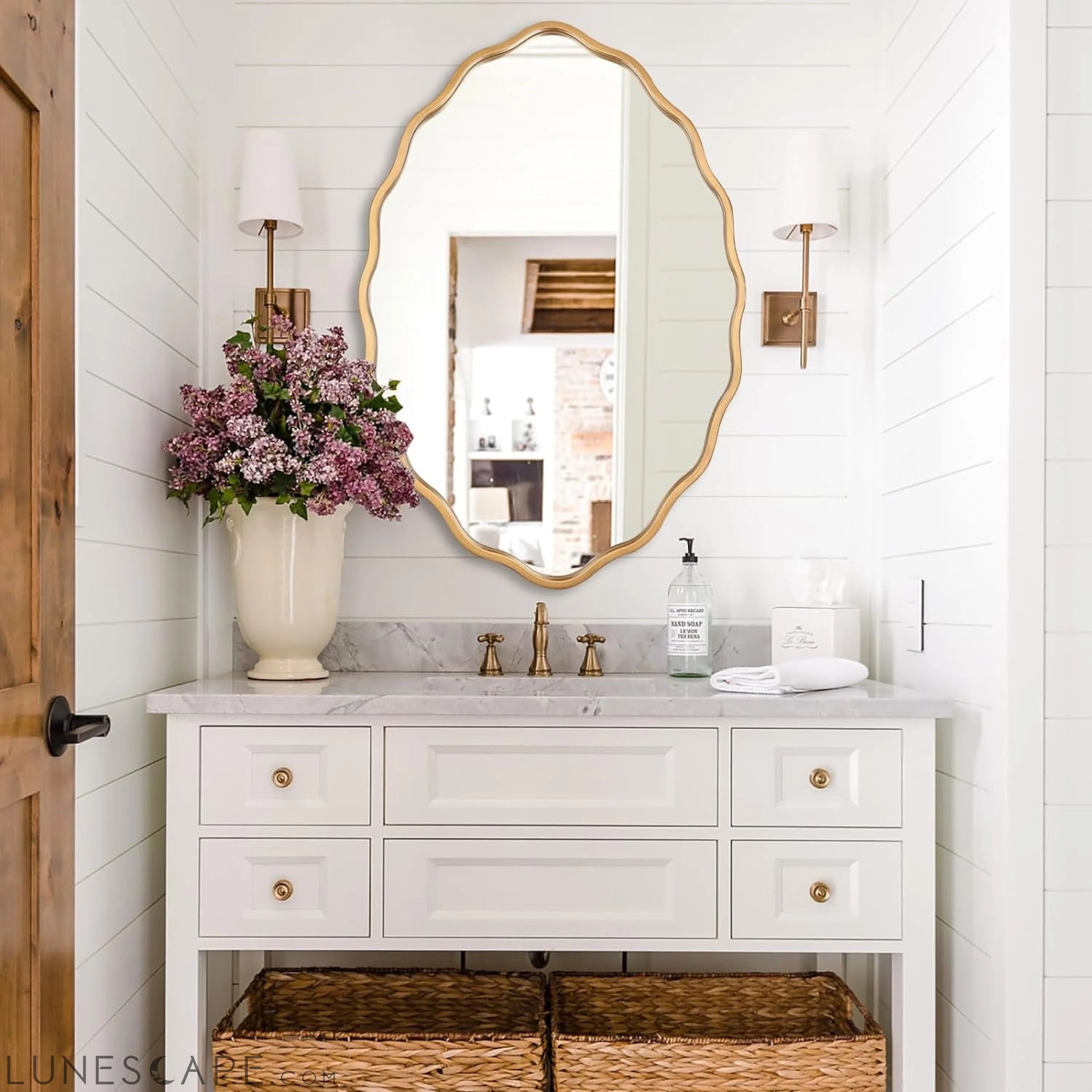 Large Modern Brushed Gold Oval Ripple Bathroom Mirror - Wall Mounted, LUNESCAPE