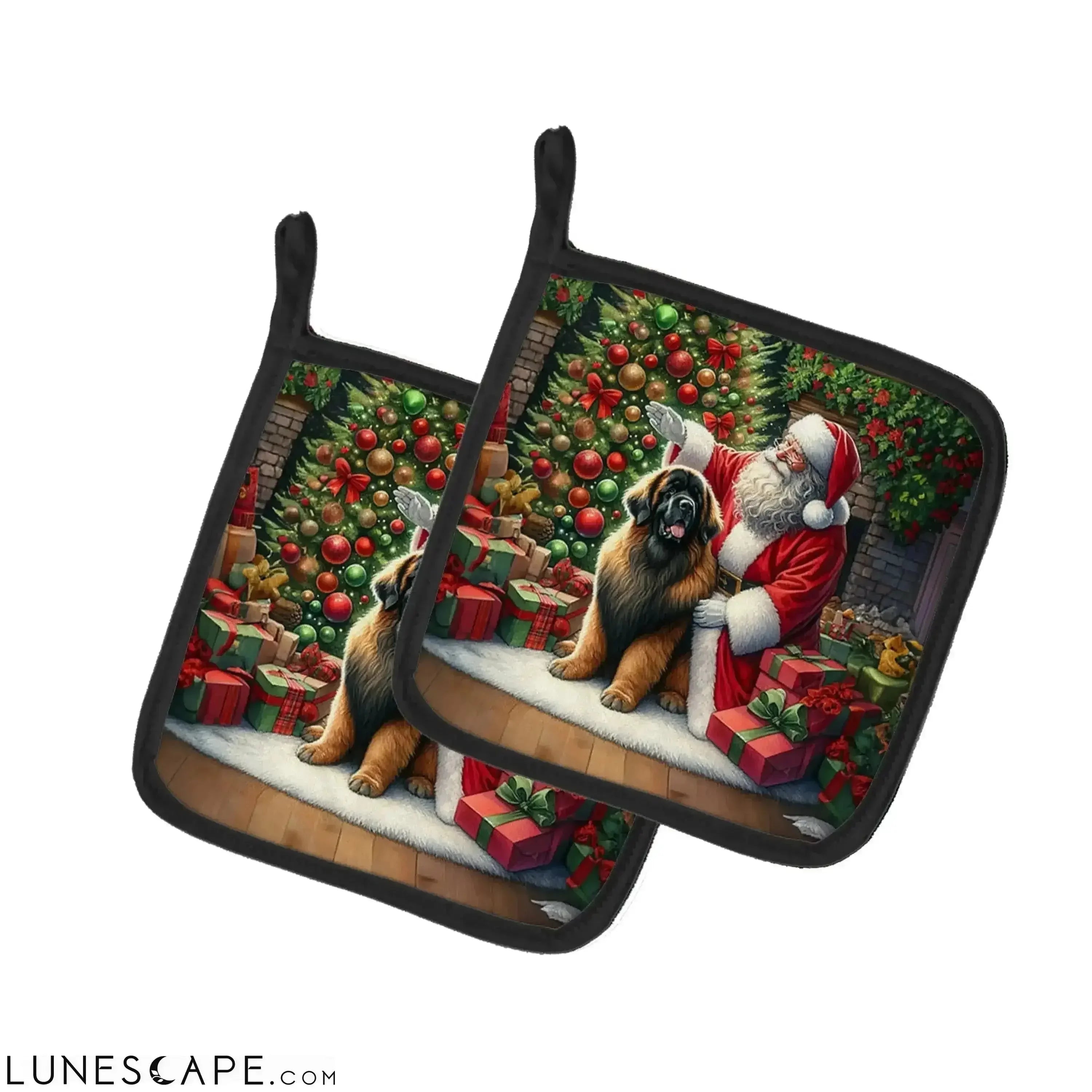 Leonberger and Santa Claus Pair of Pot Holders LUNESCAPE