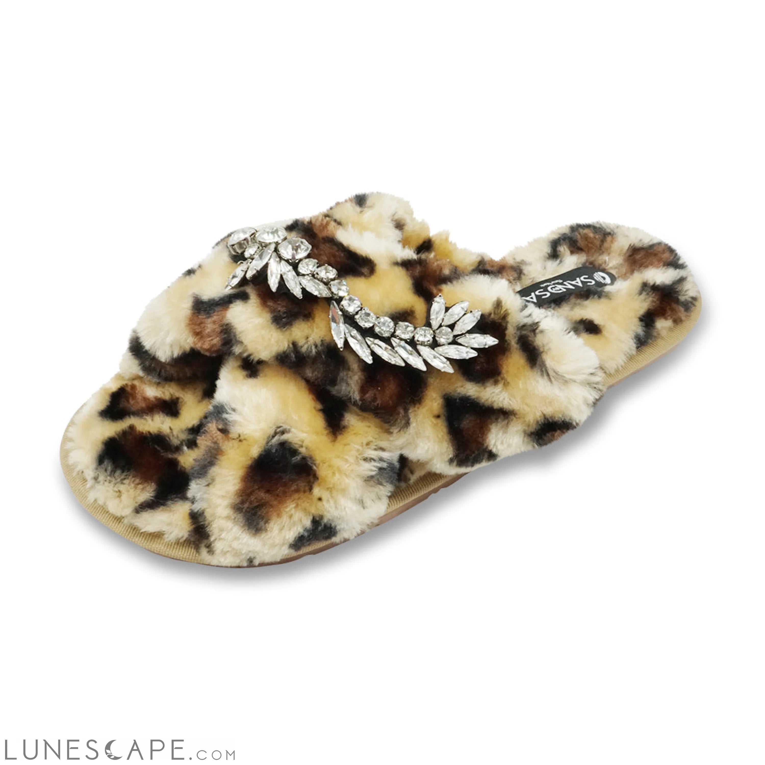 Leopard Fur Slippers - Nomad Crystal Embellished Rhine Stone Fluffy Womens Shoes LUNESCAPE