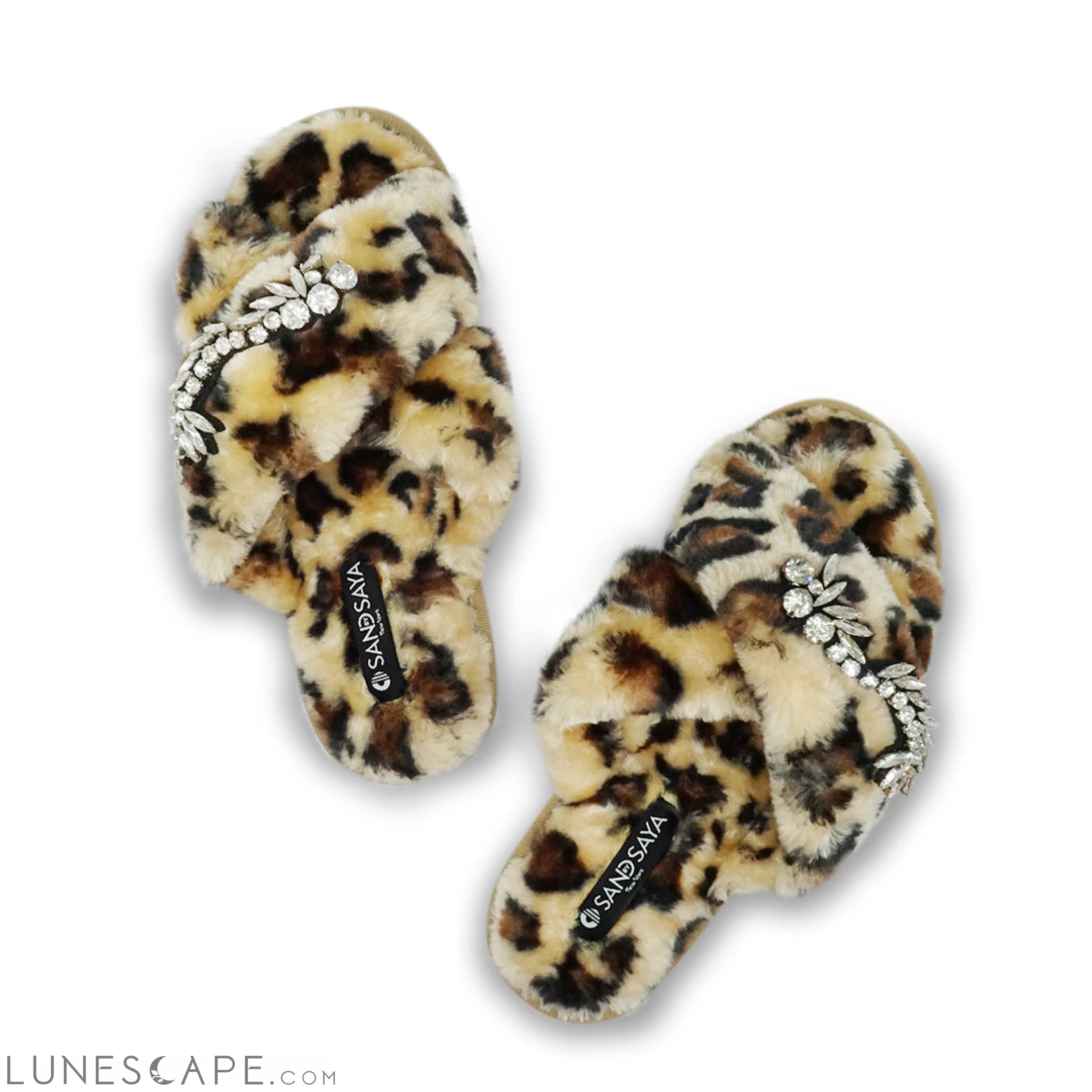 Leopard Fur Slippers - Nomad Crystal Embellished Rhine Stone Fluffy Womens Shoes LUNESCAPE