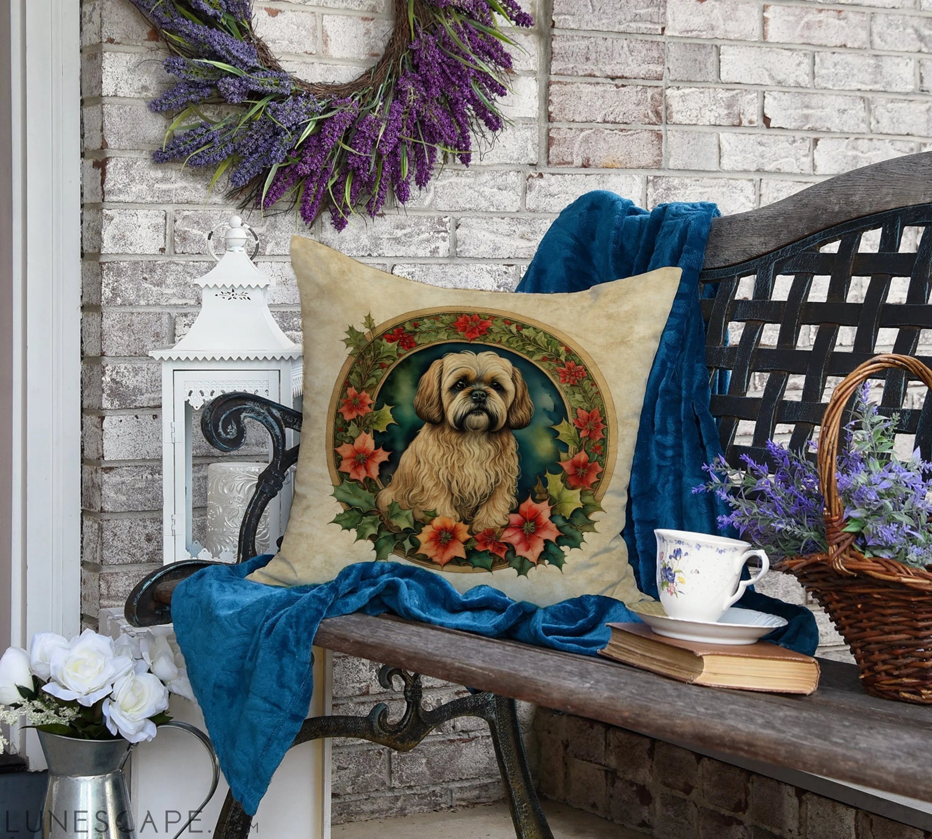 Lhasa Apso Christmas Flowers Throw Pillow LUNESCAPE