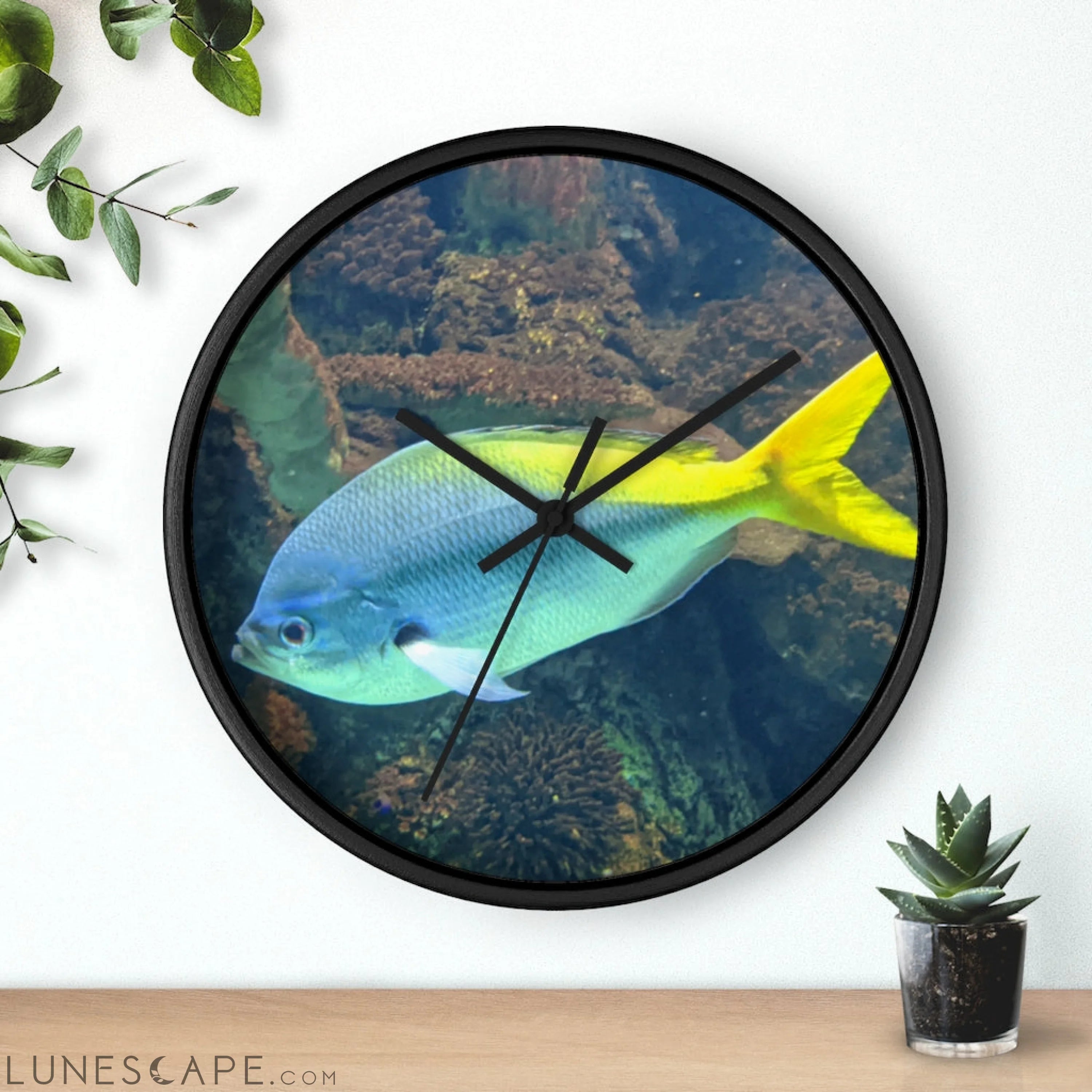 Light Blue and Yellow Fish Wall clock LUNESCAPE