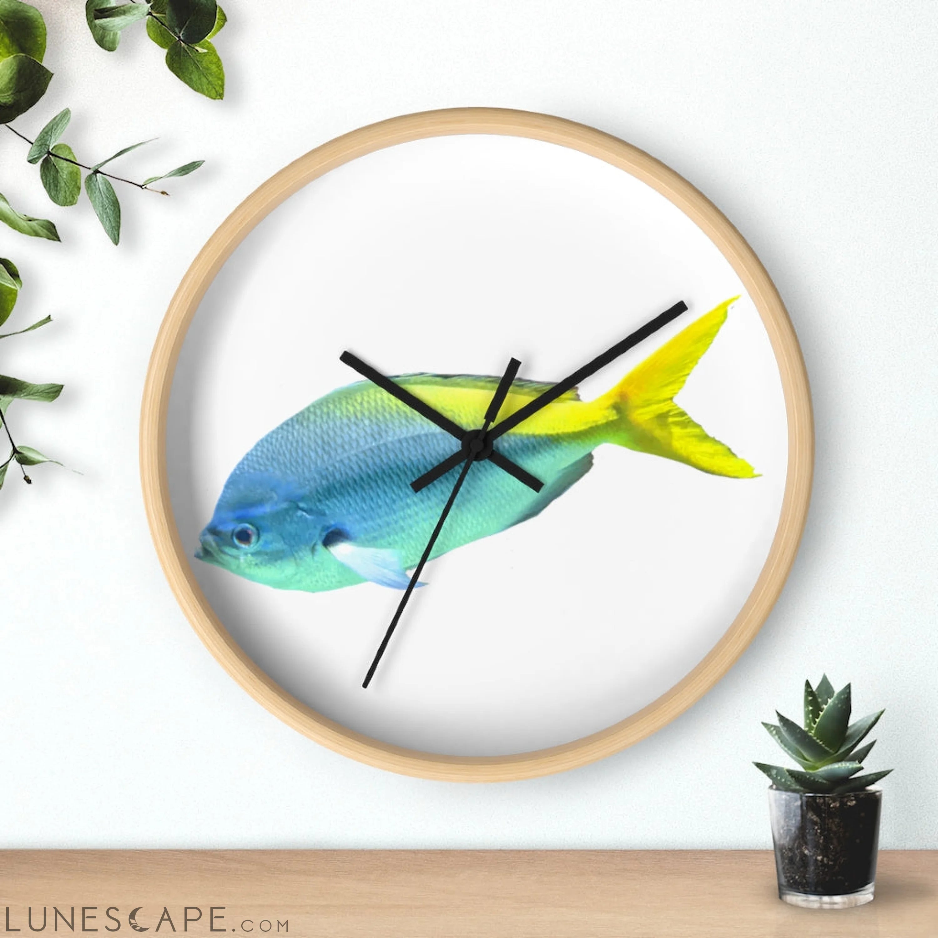 Light Blue and Yellow Fish Wall clock LUNESCAPE