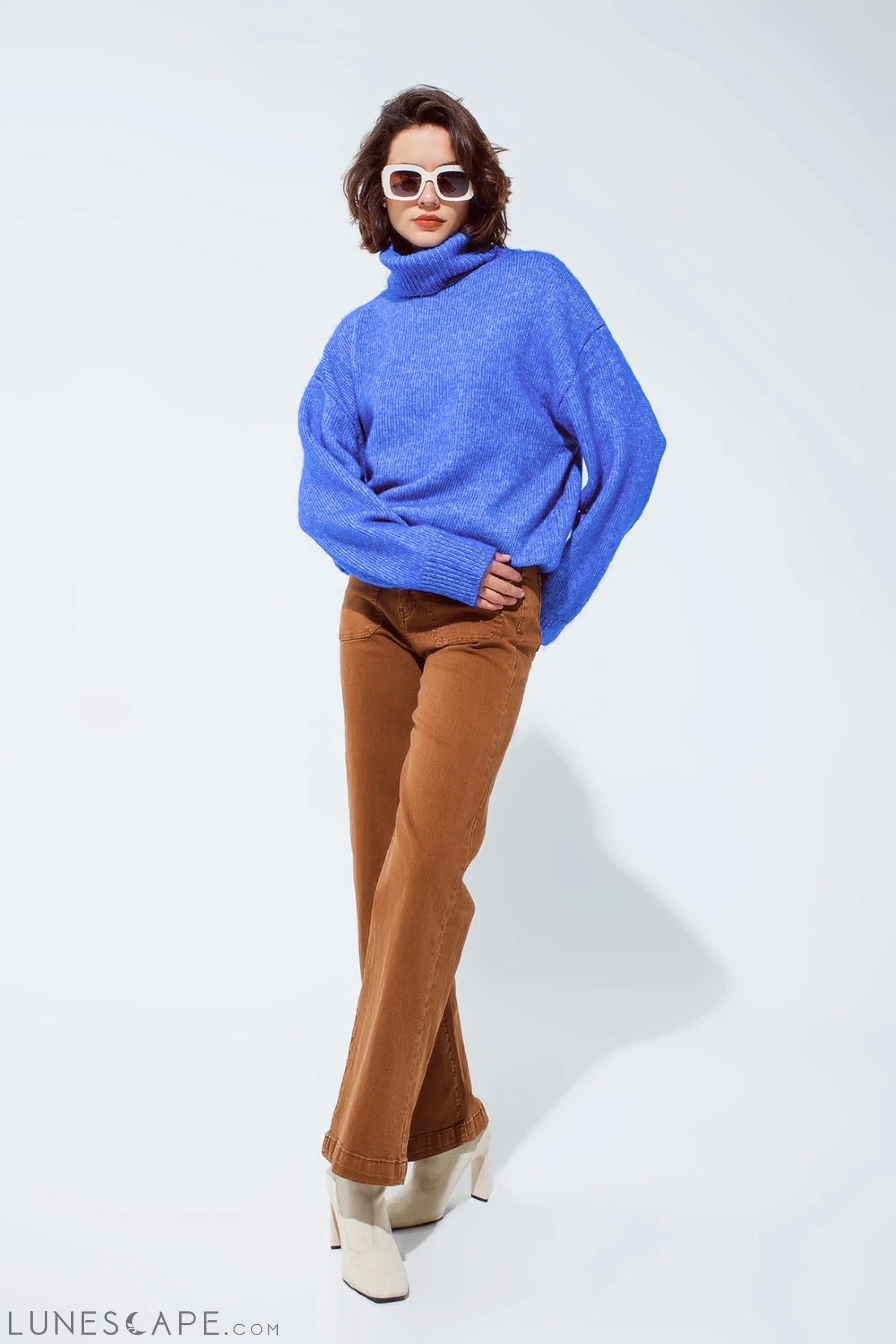 Light Blue Fluffy Sweater With Trutleneck LUNESCAPE