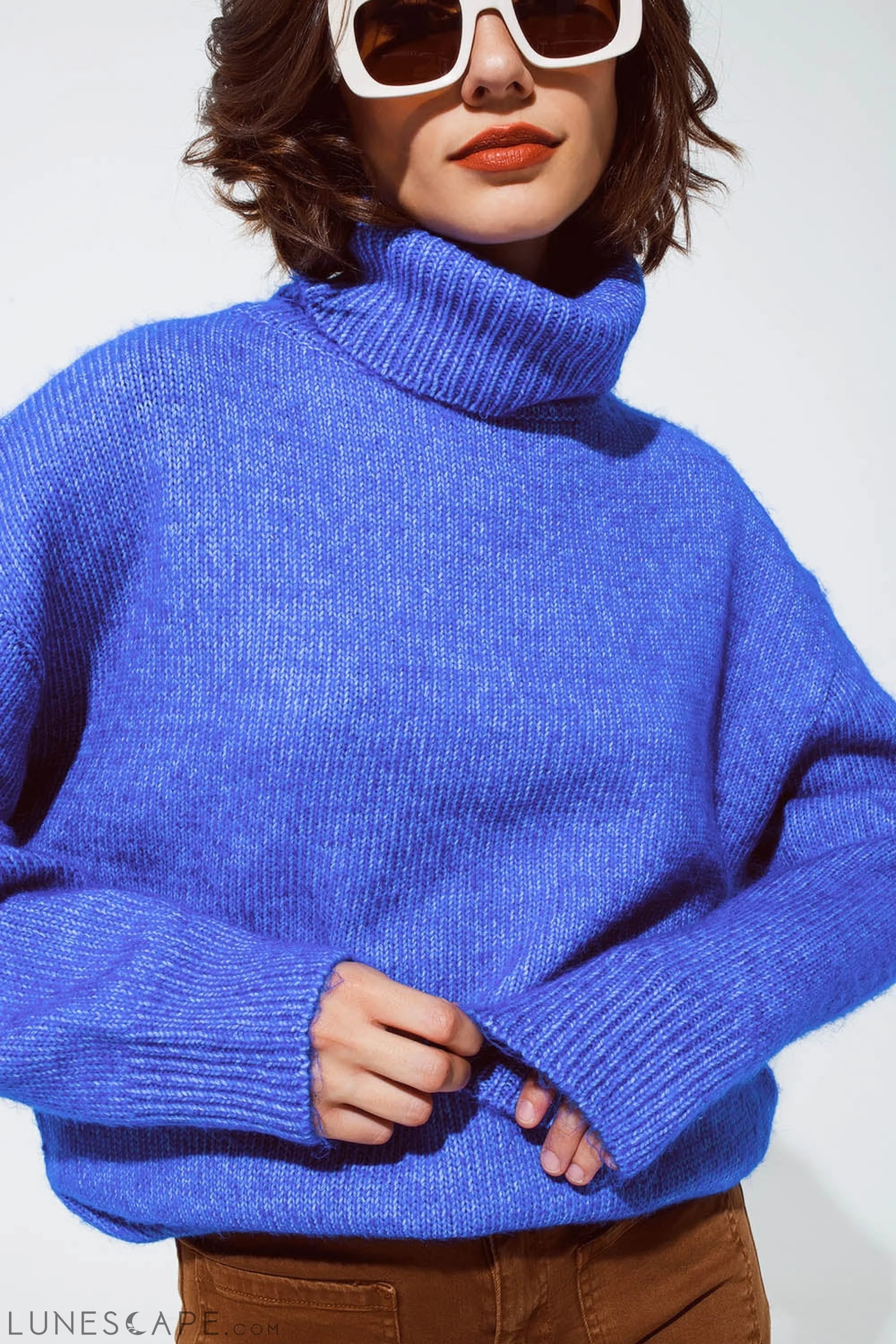 Light Blue Fluffy Sweater With Trutleneck LUNESCAPE